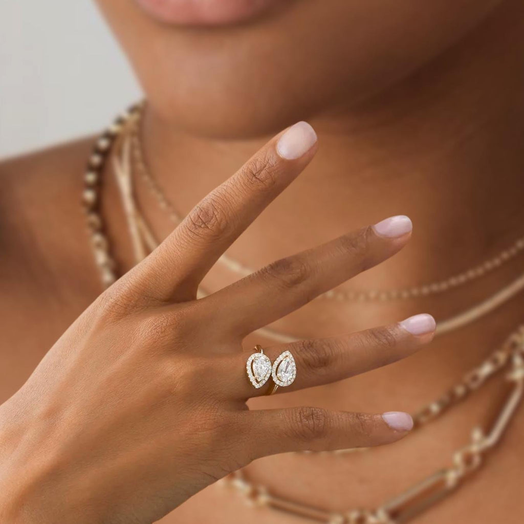 14K Cross Over Pear Shaped Halo Setting Lab Grown Diamond Ring, Two Stone Statement Ring, Birthday Gift