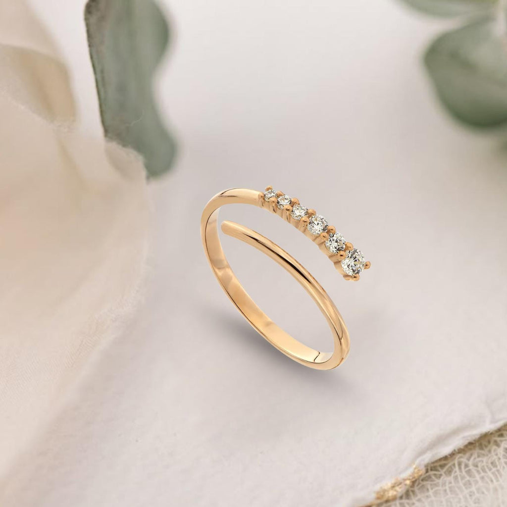 14K Solid Gold Spiral Open Ring, Lab Diamond Wrap Around Ring