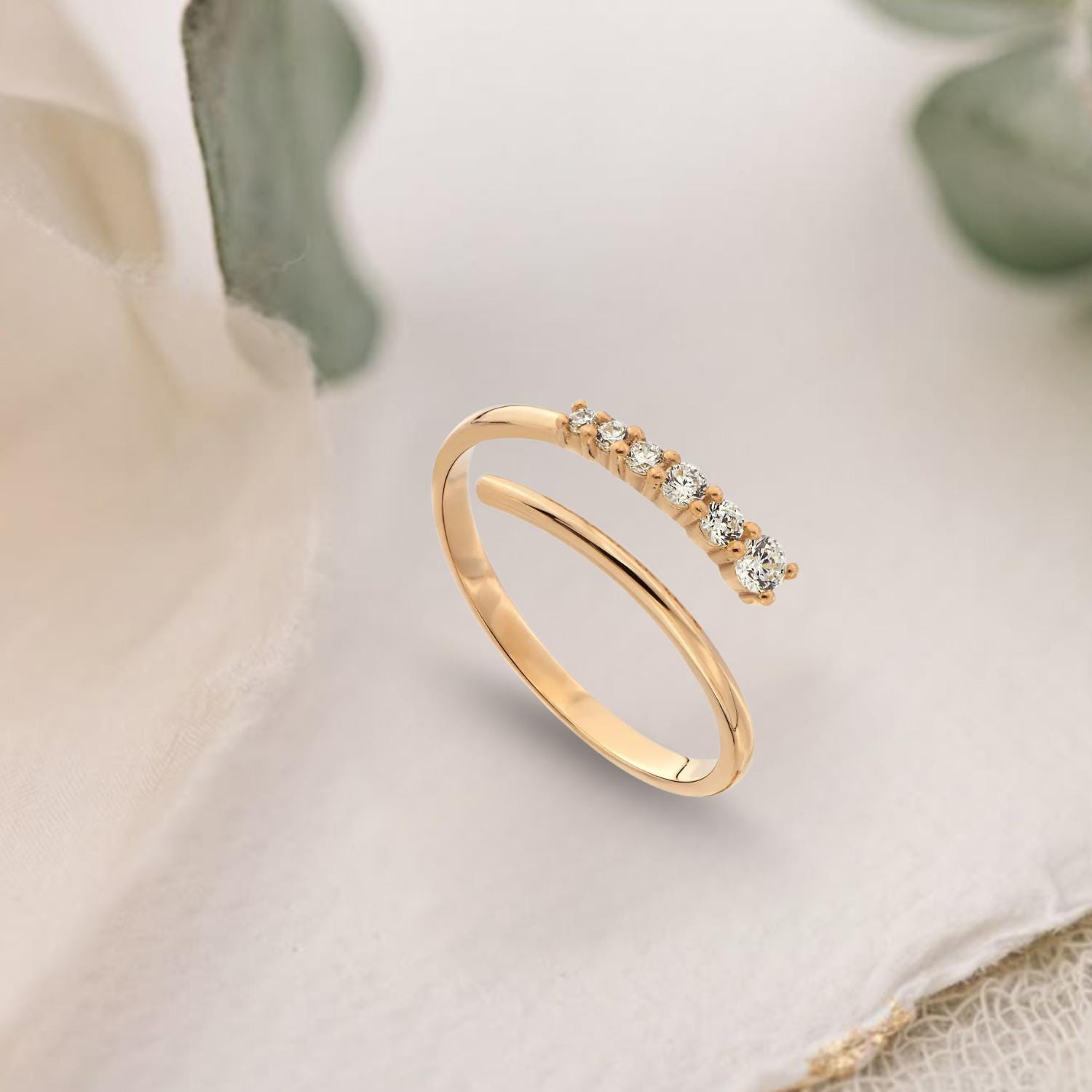 14K Solid Gold Spiral Open Ring, Lab Diamond Wrap Around Ring
