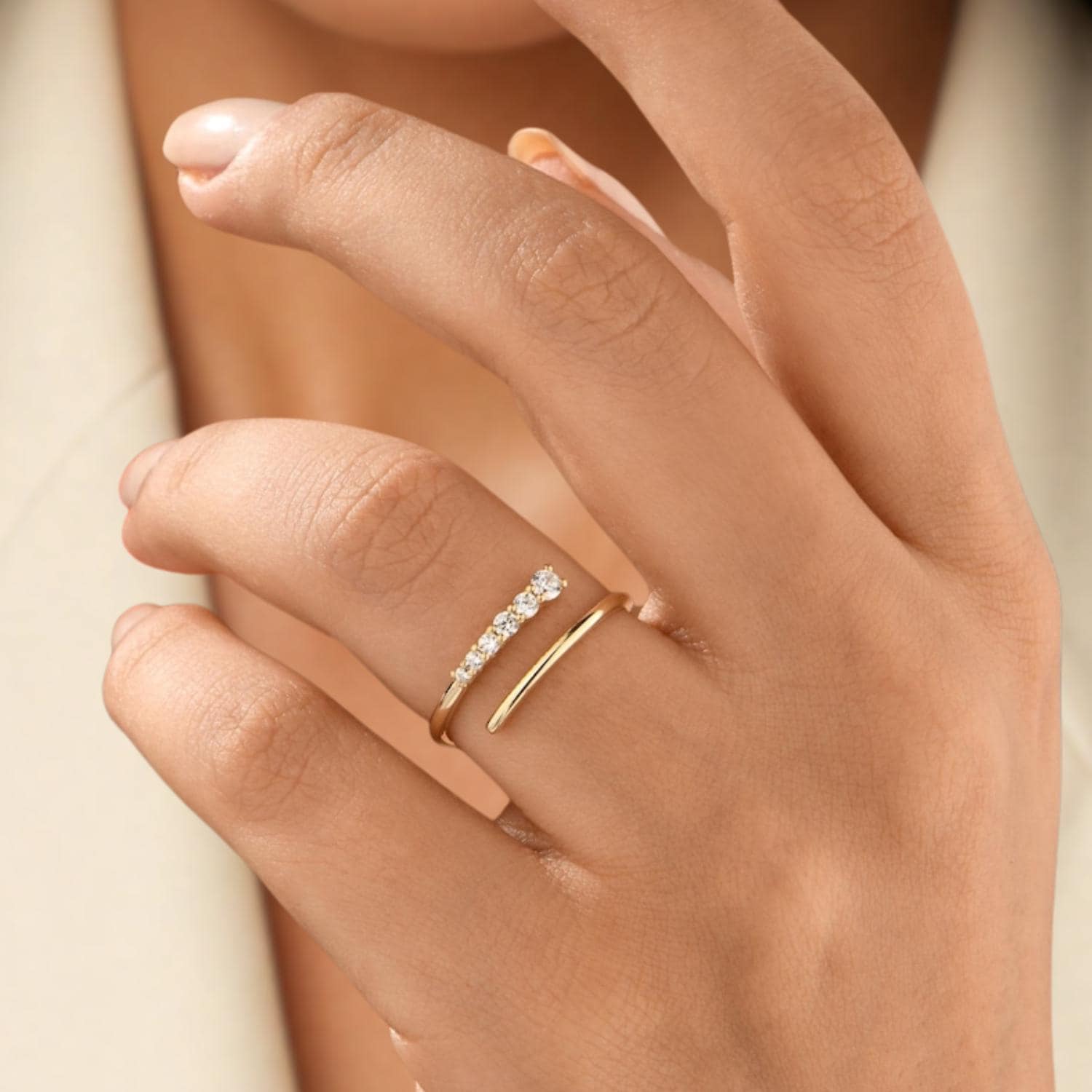 14K Solid Gold Spiral Open Ring, Lab Diamond Wrap Around Ring
