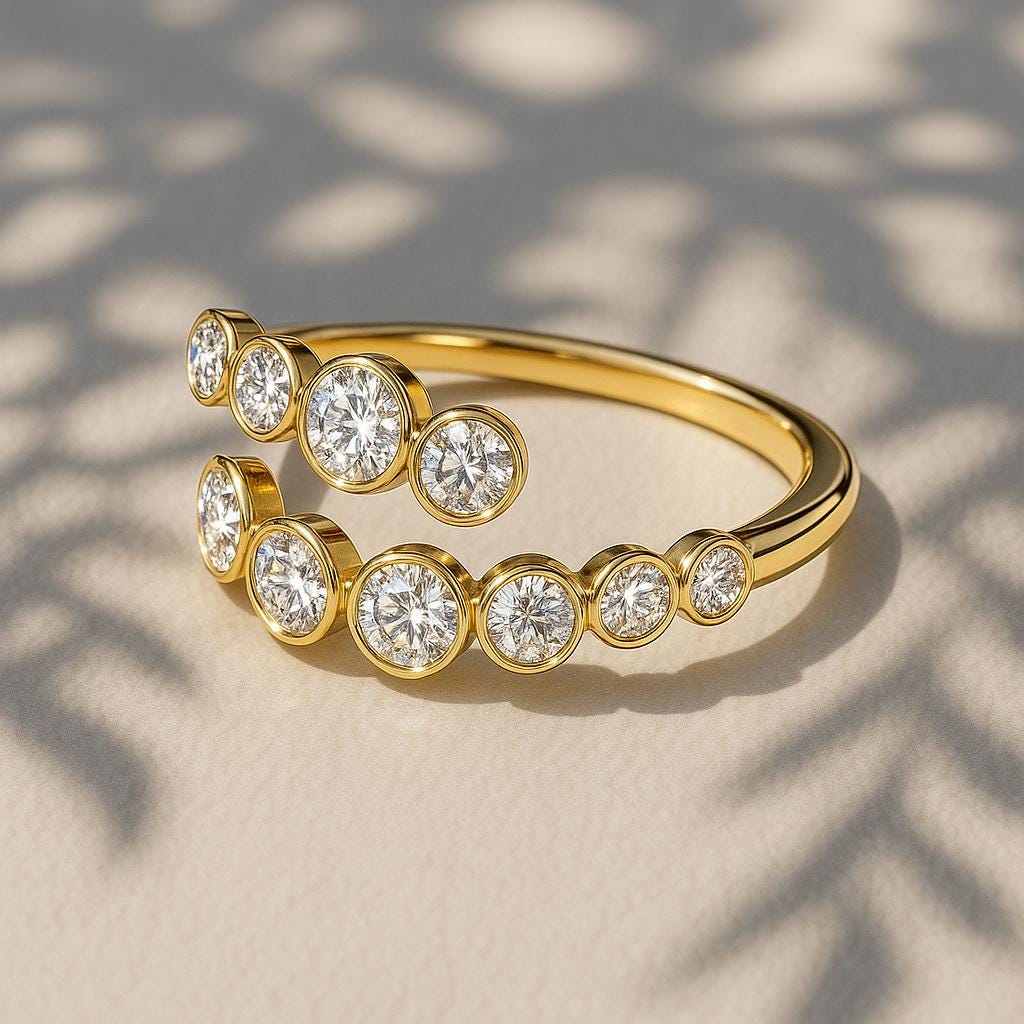 14K Gold Diamond Bypass Bezel Setting Ring, Cross Over Open Bezel Set Handmade Ring, Birthday Gift