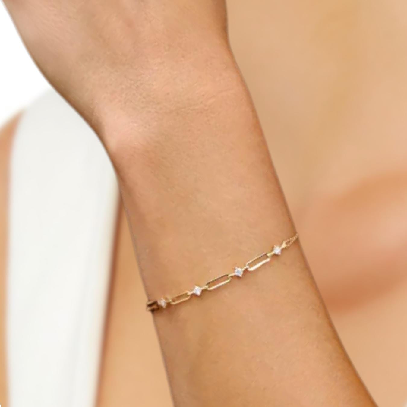 0.47CT Paperclip Lab Grown Diamond Station Bracelet, 14K Gold Chain Link Bracelet