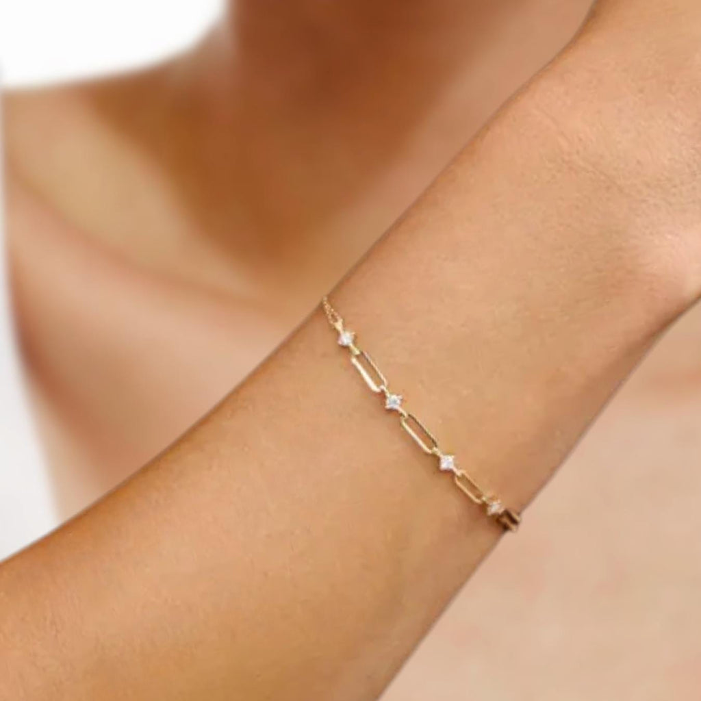 0.47CT Paperclip Lab Grown Diamond Station Bracelet, 14K Gold Chain Link Bracelet
