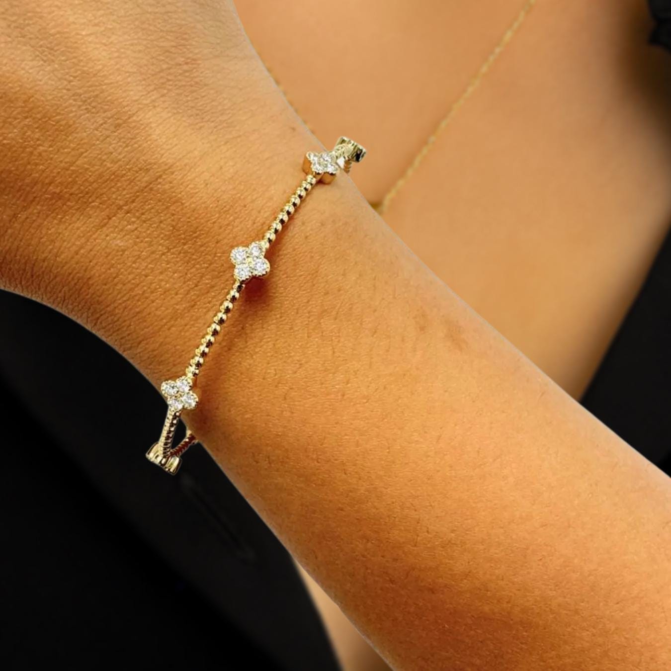 1TCW Lab Grown Diamond Bracelet, Beaded Flexible Bangle, Flower Cluster, 14k Solid Yellow White Rose Gold, Flexible Diamond Bangle