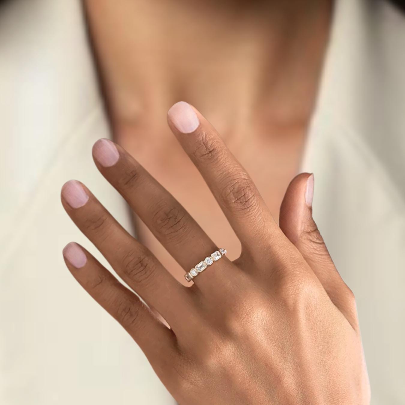 14K Gold 0.95 ctw Emerald & Round Cut Bezel Set Half Eternity Lab Grown Diamond Wedding Band