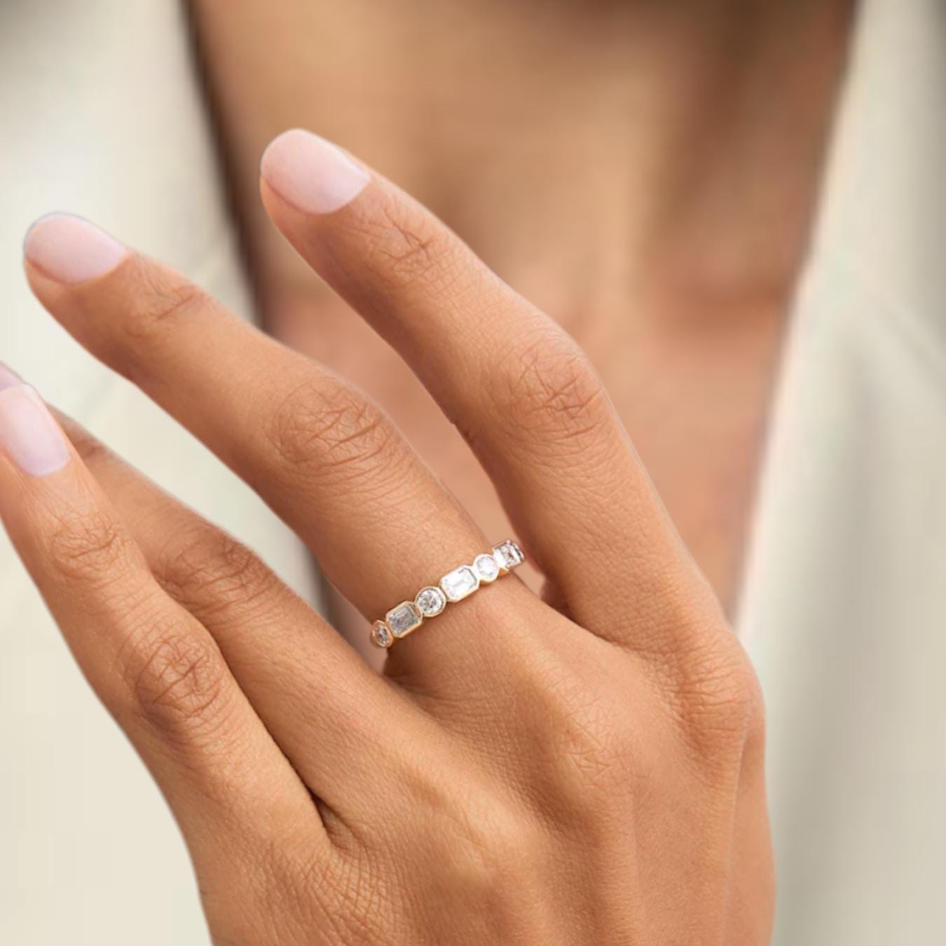 14K Gold 0.95 ctw Emerald & Round Cut Bezel Set Half Eternity Lab Grown Diamond Wedding Band