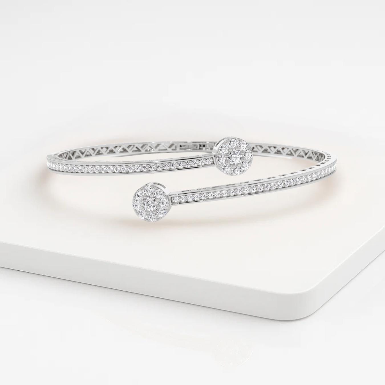 Diamond Open Cuff Bangle, 14K Gold Cluster Lab Grown Diamond Bracelet, Statement Bangle