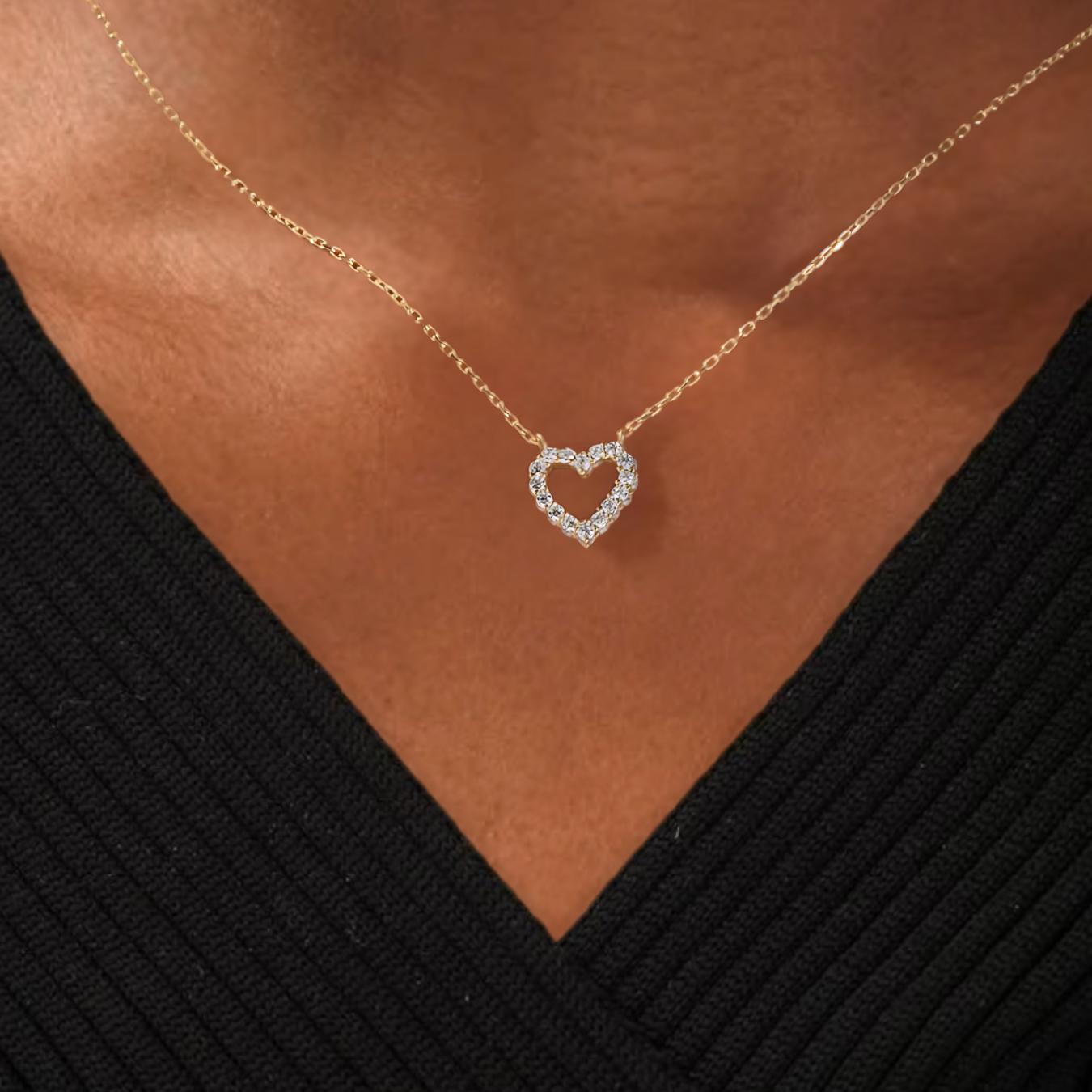14K Gold Lab Grown Diamond Necklace / Open Heart Necklace