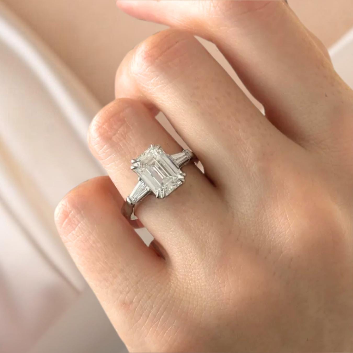 Emerald Cut Lab Grown Diamond Engagement Ring, 14K Solid Gold Three Stone Ring with Tapered Baguette Diamond