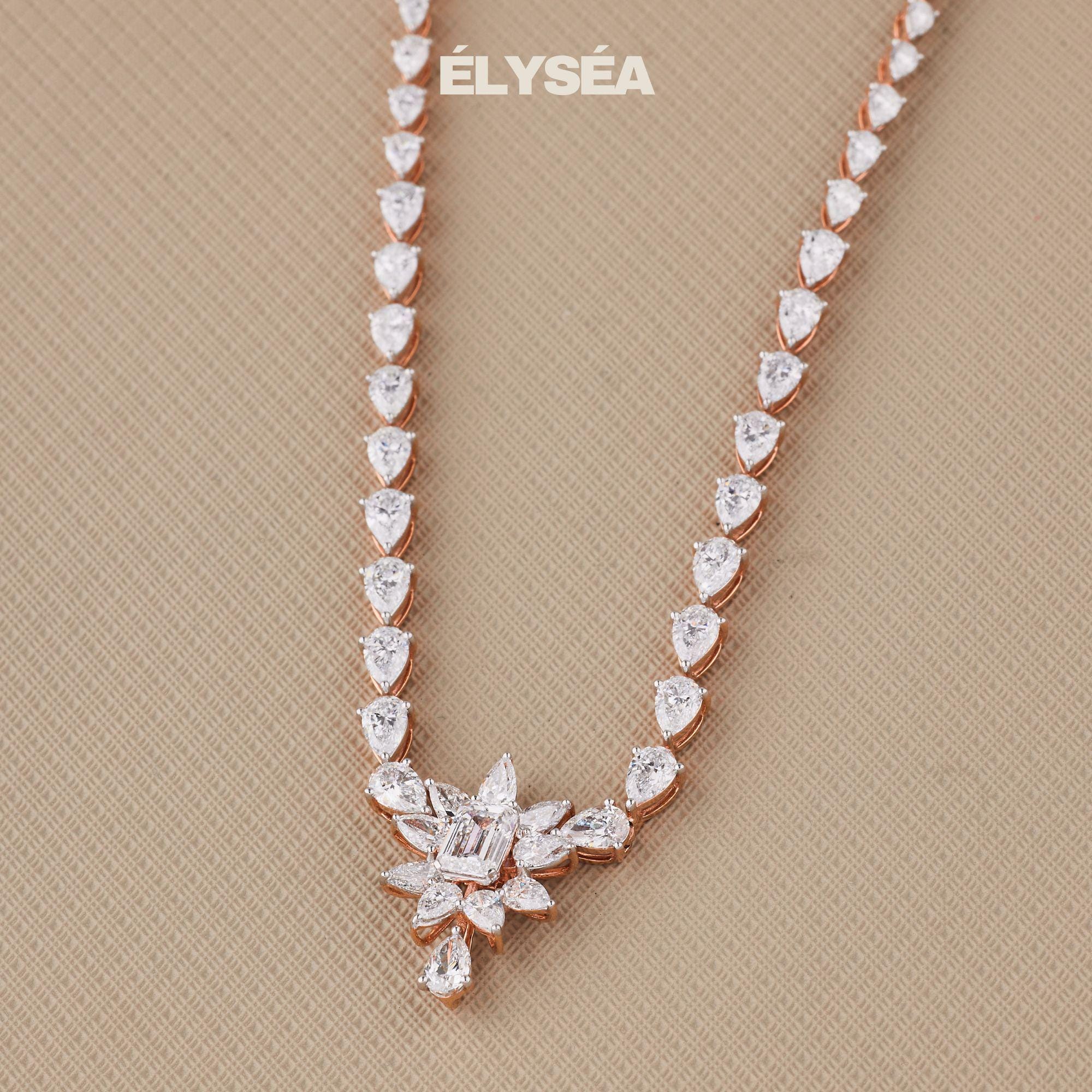 Solid 14K Rose Gold Tennis Choker Necklace, 9.09 Ct F/VS1 Certified Emerald & Pear Cut Lab Grown Diamond, Wedding Jewelry, Gold Necklace