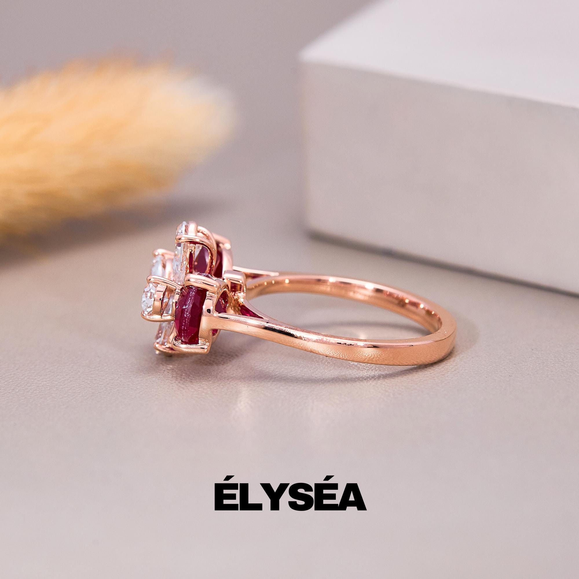 Engagement Ring 14k Solid Gold Floral Anniversary Ring Flower Ring Lab Diamond Wedding Ring Jewelry Gift for Wife Birthday July Birthstone