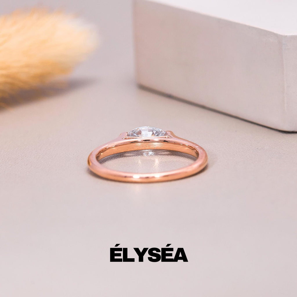 0.5 Carat East West Marquise Cut Solitaire Ring Available 14k-18k Gold /Modern Minimalist Half Bezel Engagement Ring, Lab grown Diamond Ring