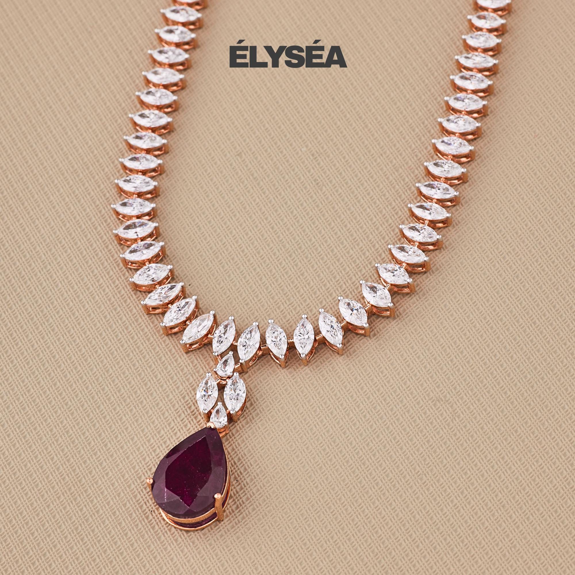 Tennis Necklace, Marquise Cut Diamond Choker Necklace, Wedding Necklace, Bridal Necklace, Gift for Her, Layering Necklace, Ruby Necklace Set