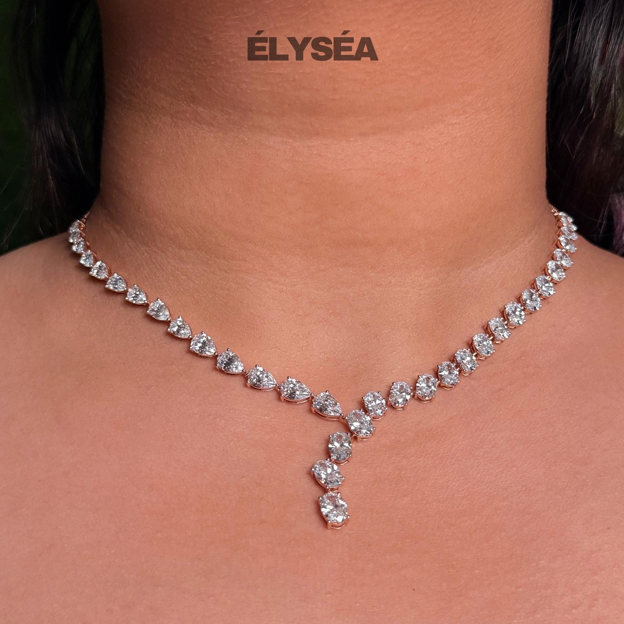 Unique Multi Shape Wedding Necklace, Oval, Pear Cut Diamond Tennis Necklace, 14K Gold Necklace, Lab Grown Diamond Necklace, Diamond Choker