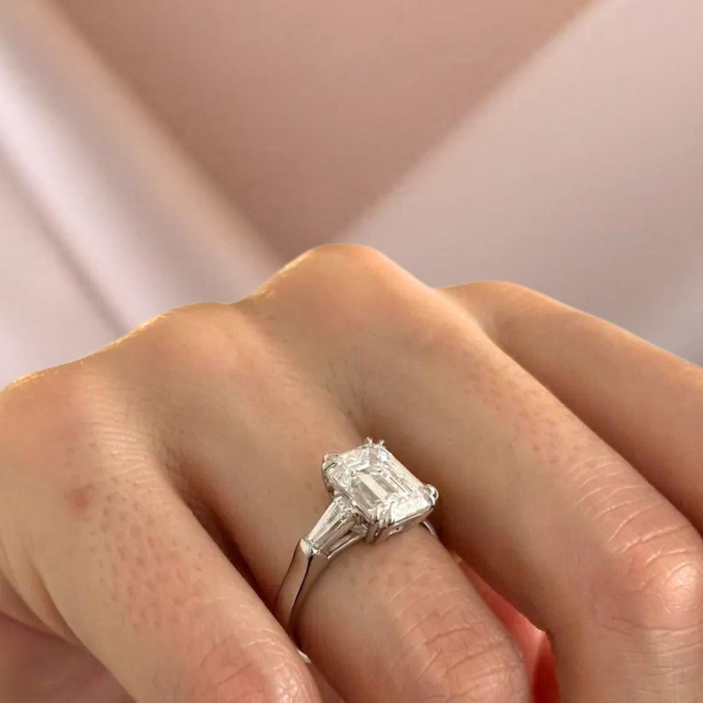 Emerald Cut Lab Grown Diamond Engagement Ring, 14K Solid Gold Three Stone Ring with Tapered Baguette Diamond