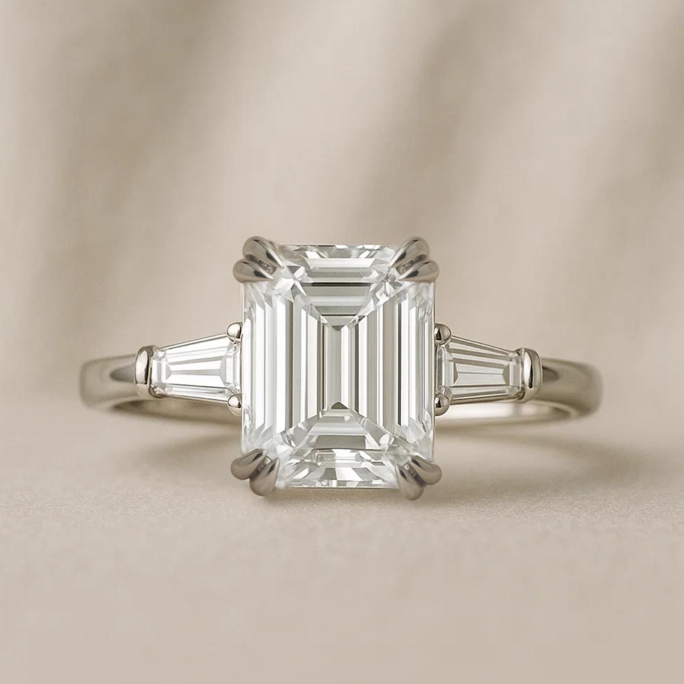 Emerald Cut Lab Grown Diamond Engagement Ring, 14K Solid Gold Three Stone Ring with Tapered Baguette Diamond