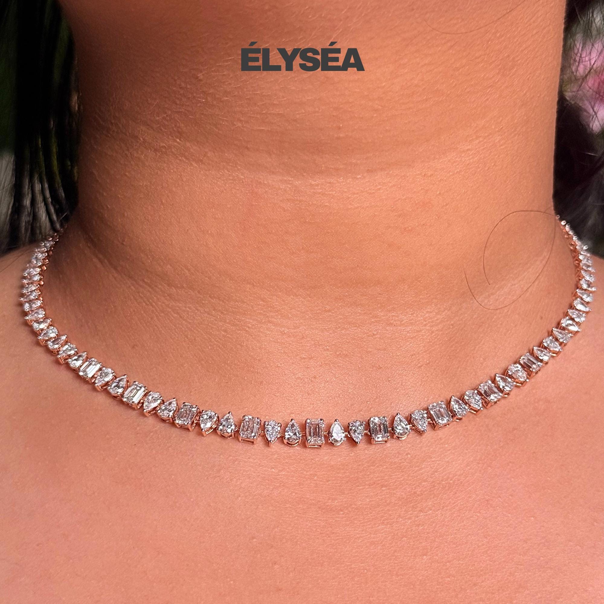 Multi Shape Diamond Tennis Necklace, Lab grown diamond  Wedding Necklace, 14K Gold Dainty Tennis Choker Necklace, Bridal Gift For Her