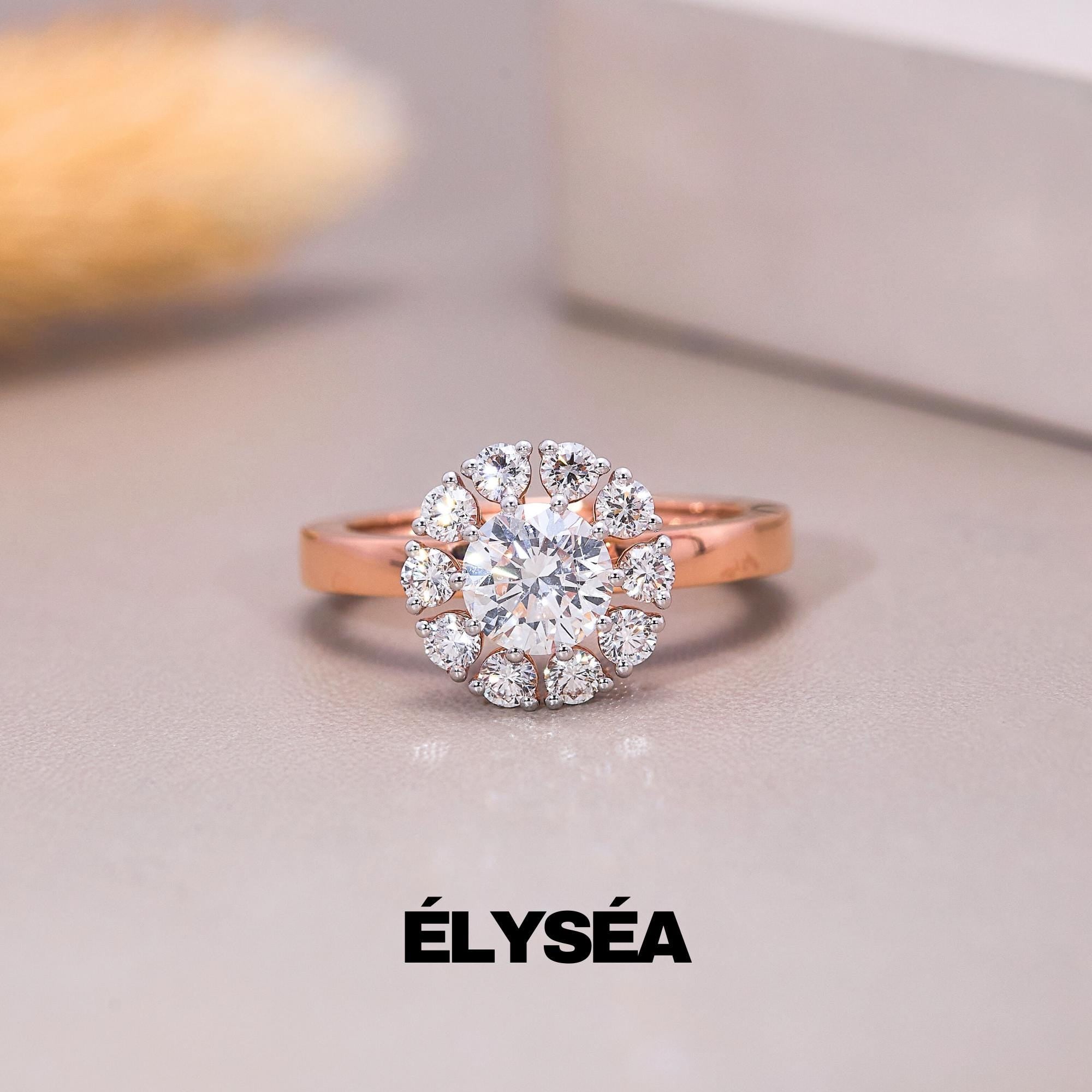 Round Lab Grown Diamond 14K Rose Gold Engagement Ring/ Unique Diamond Floral Promise Ring/ Wedding Ring for Her/ Diamond Ring for Women