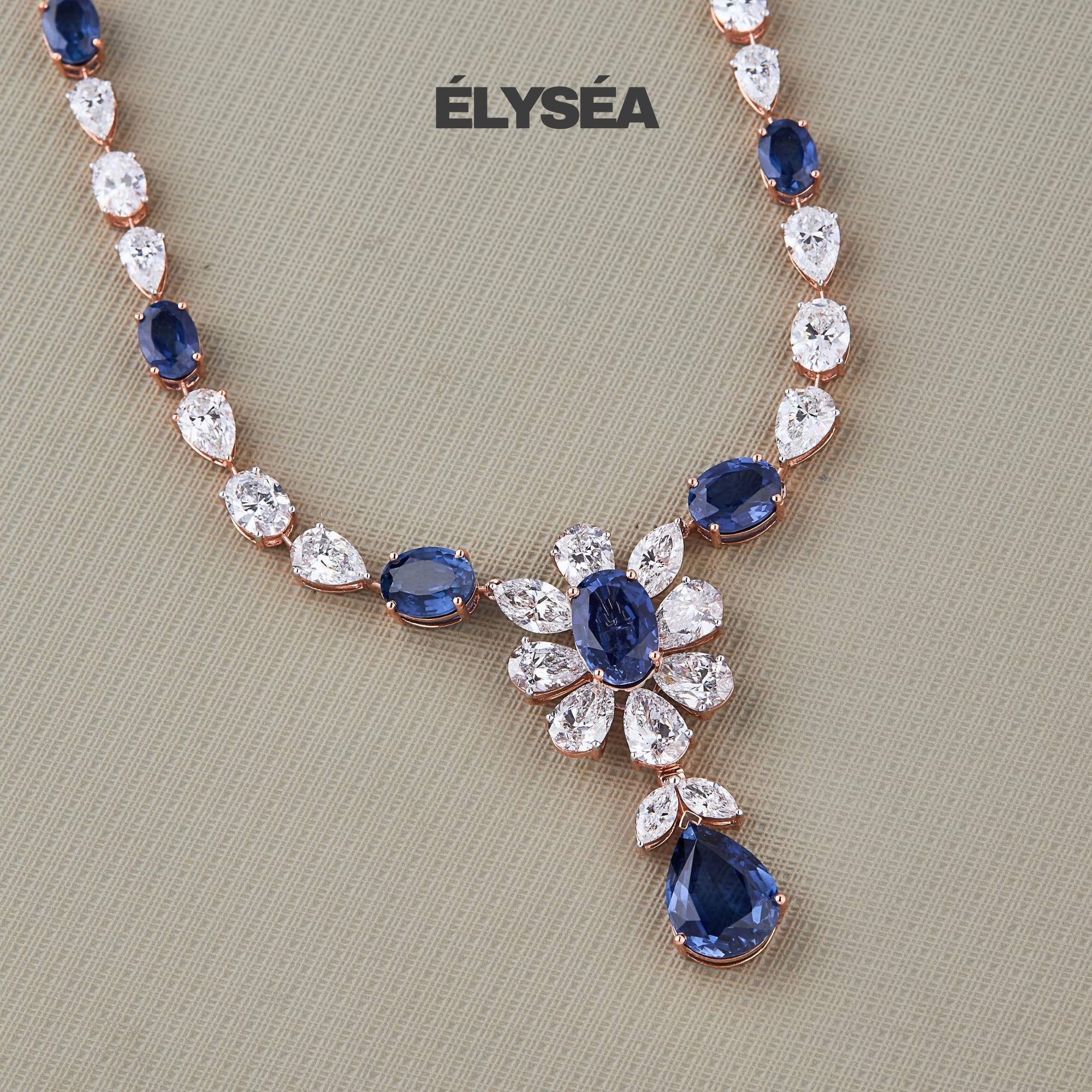 Sapphire Floral Tennis Necklace, September Birthstone, Pear Oval And Marquise Mixed Shape Lab Grown Diamond Necklace, 14K Gold Gift for Her