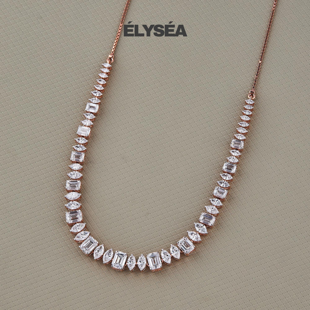 14k Rose Gold Tennis Necklace, 15.89 Carat Multi Shape Diamond Necklace Set, Marquise Pear Emerald Cut Lab Grown Diamond, F/VS1 clarity