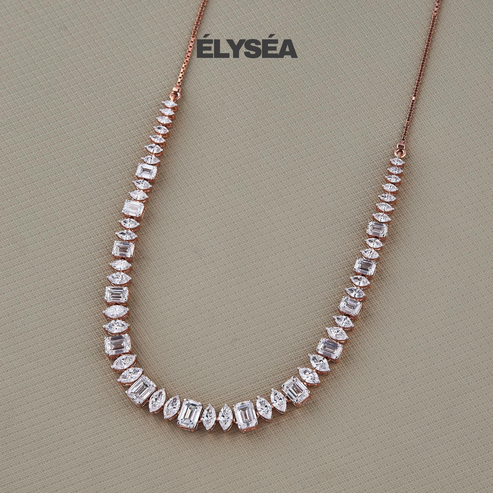 14k Rose Gold Tennis Necklace, 15.89 Carat Multi Shape Diamond Necklace Set, Marquise Pear Emerald Cut Lab Grown Diamond, F/VS1 clarity