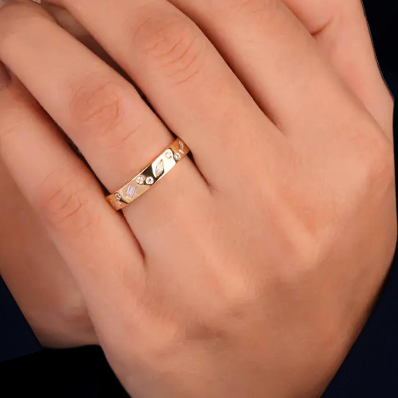 Mix Shape 14K Gold Flush set Wedding Band With Lab Grown Diamond Multi Shape Cluster Eternity Band for Her