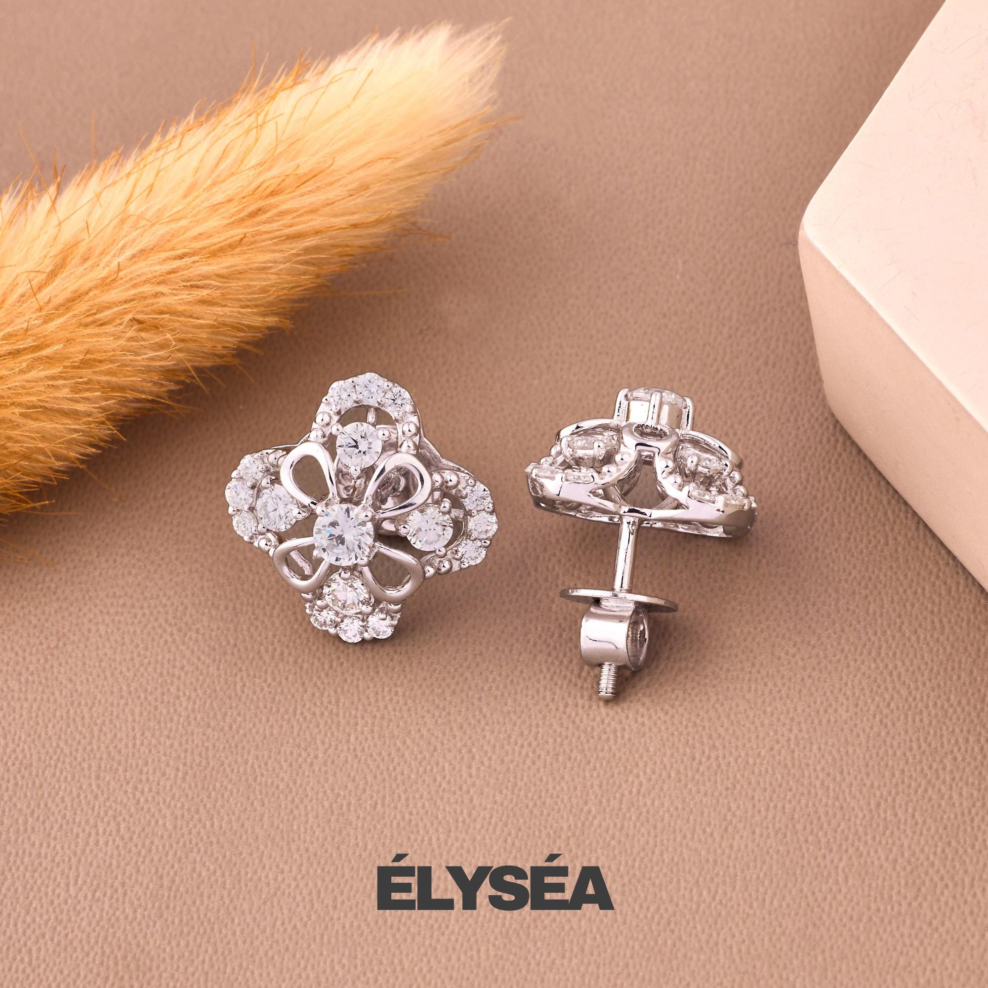 Diamond Stud Earrings, Diamond Clover Studs, 14K Gold Floral Studs, Minimalist Clover Stud Earrings, Flower Shaped Diamond Earrings