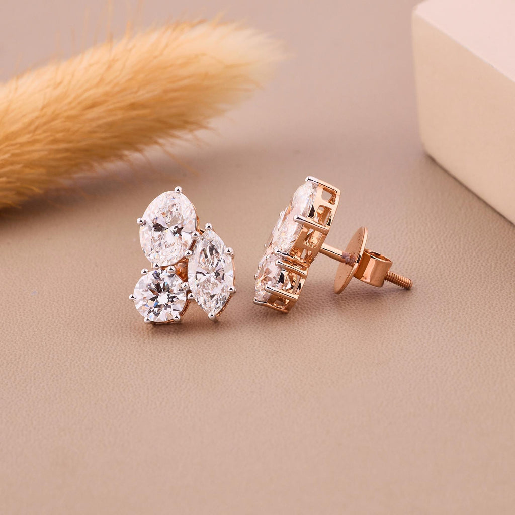 Multi Shape Lab Grown Diamond Earrings, 14K Solid Gold Bridal Earrings, Simple Three Stone Cluster Stud Earrings, Last Minute Gift
