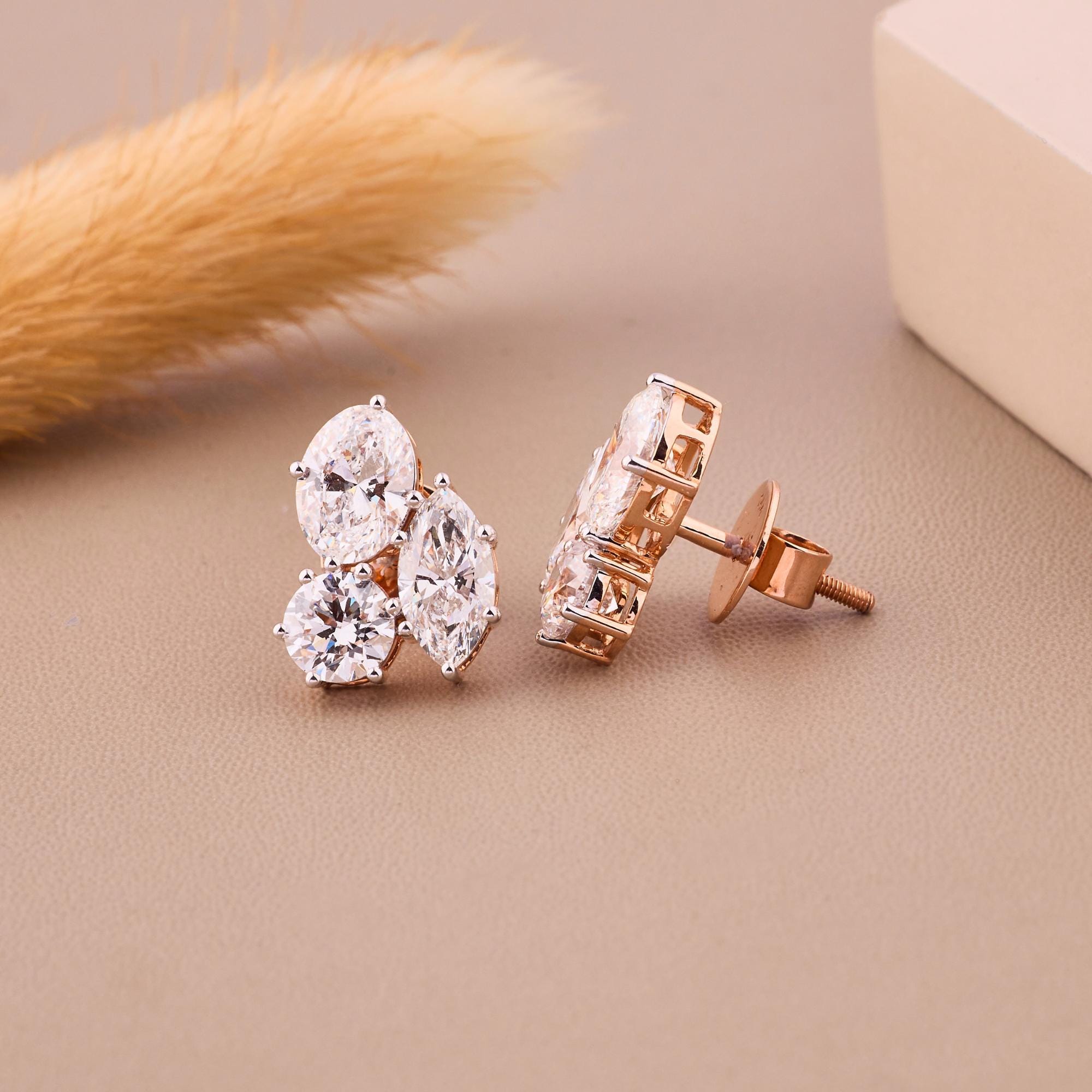 Multi Shape Lab Grown Diamond Earrings, 14K Solid Gold Bridal Earrings, Simple Three Stone Cluster Stud Earrings, Last Minute Gift