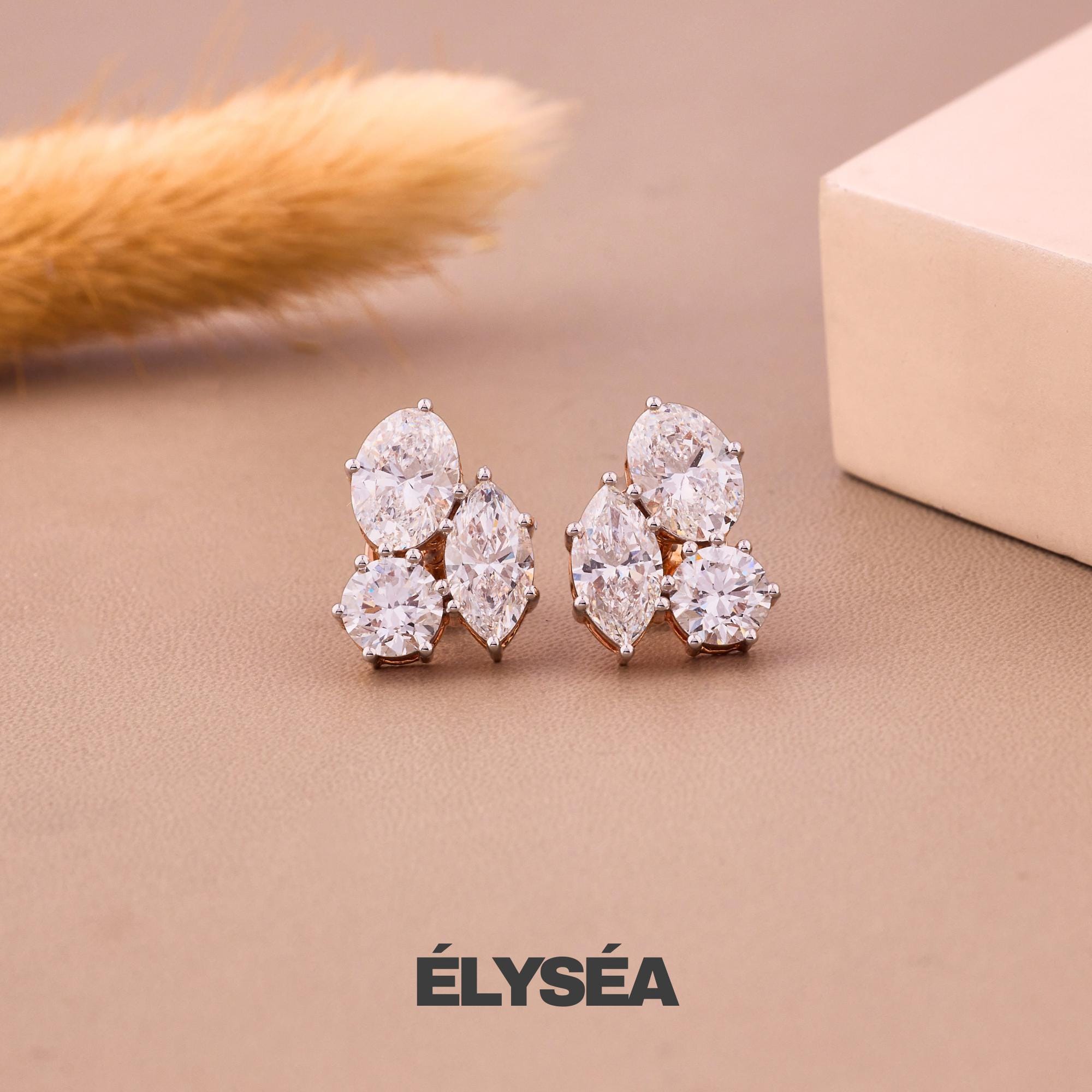Multi Shape Lab Grown Diamond Earrings, 14K Solid Gold Bridal Earrings, Simple Three Stone Cluster Stud Earrings, Last Minute Gift