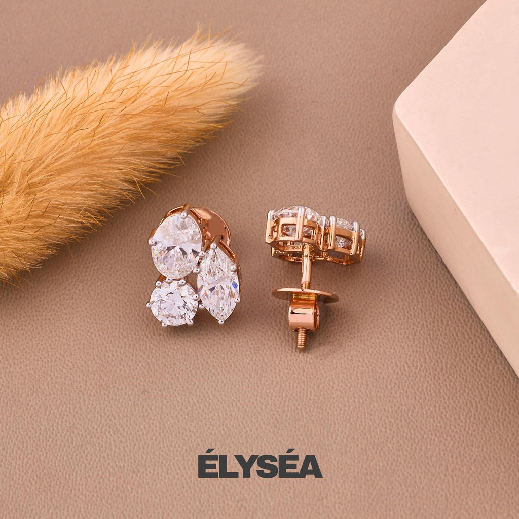 Multi Shape Lab Grown Diamond Earrings, 14K Solid Gold Bridal Earrings, Simple Three Stone Cluster Stud Earrings, Last Minute Gift