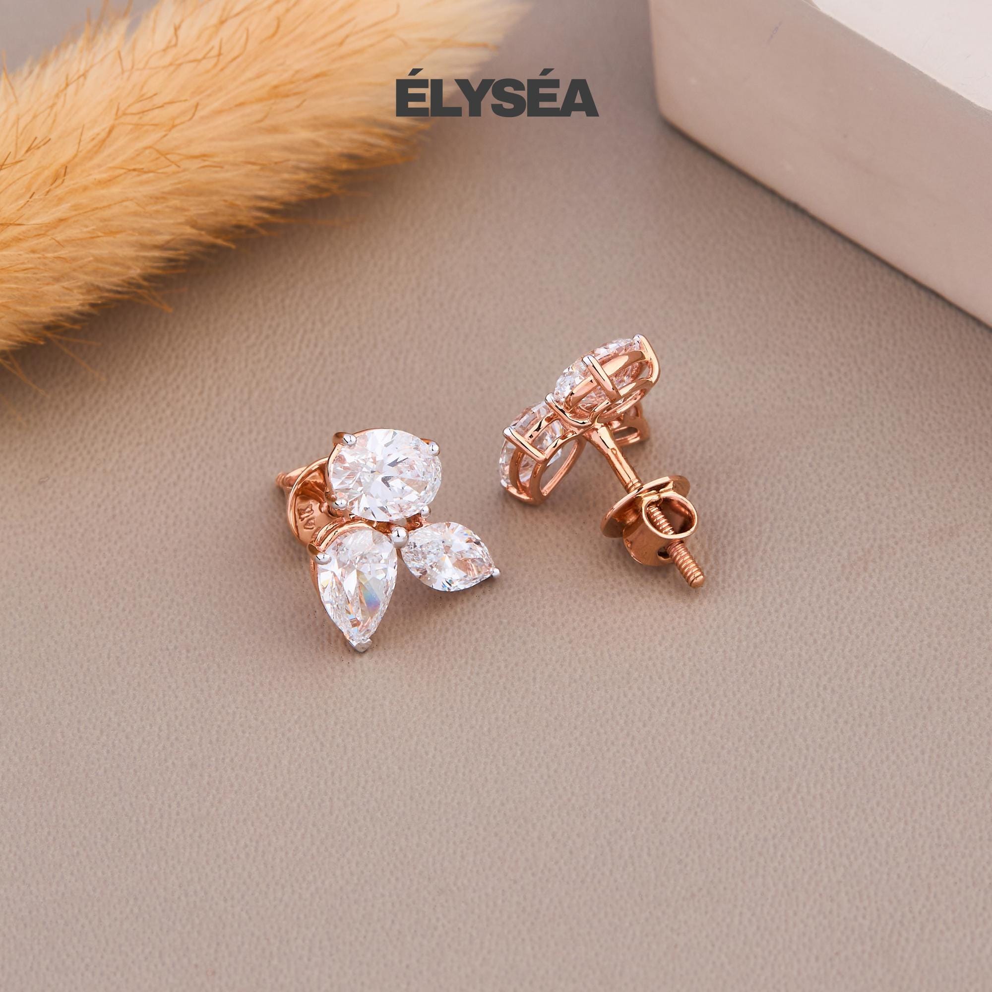 Diamond Earrings, 14k Solid Gold Marquise Floral Studs, Three-Shape Cut Diamond Earrings, Minimalist , Bridal Jewelry, Flower Earrings