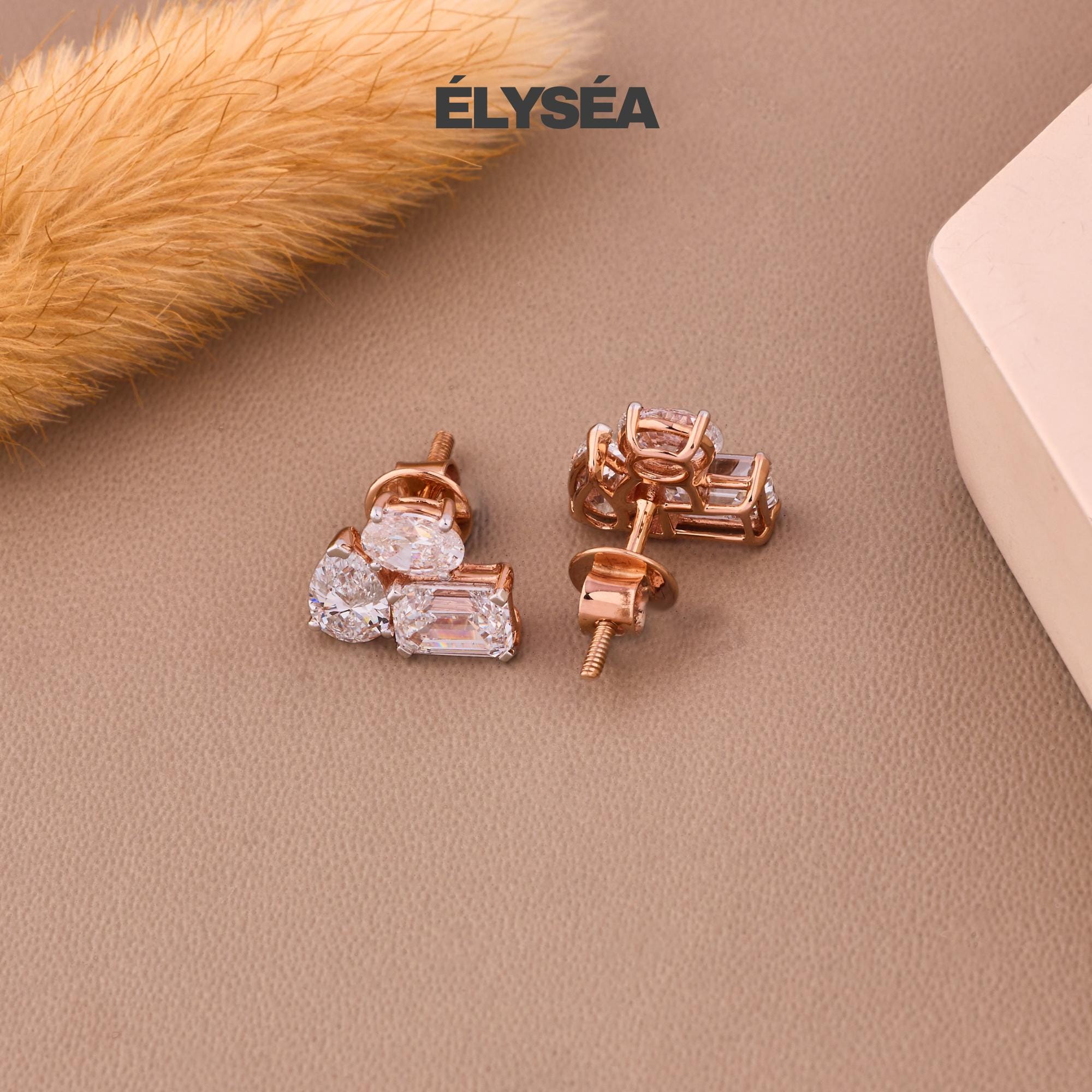 Three Stone Stud Earrings, 10K/14K Gold Studs, Small Cluster Diamond Earrings, Multi Diamond Earrings, Diamond Accent Earrings