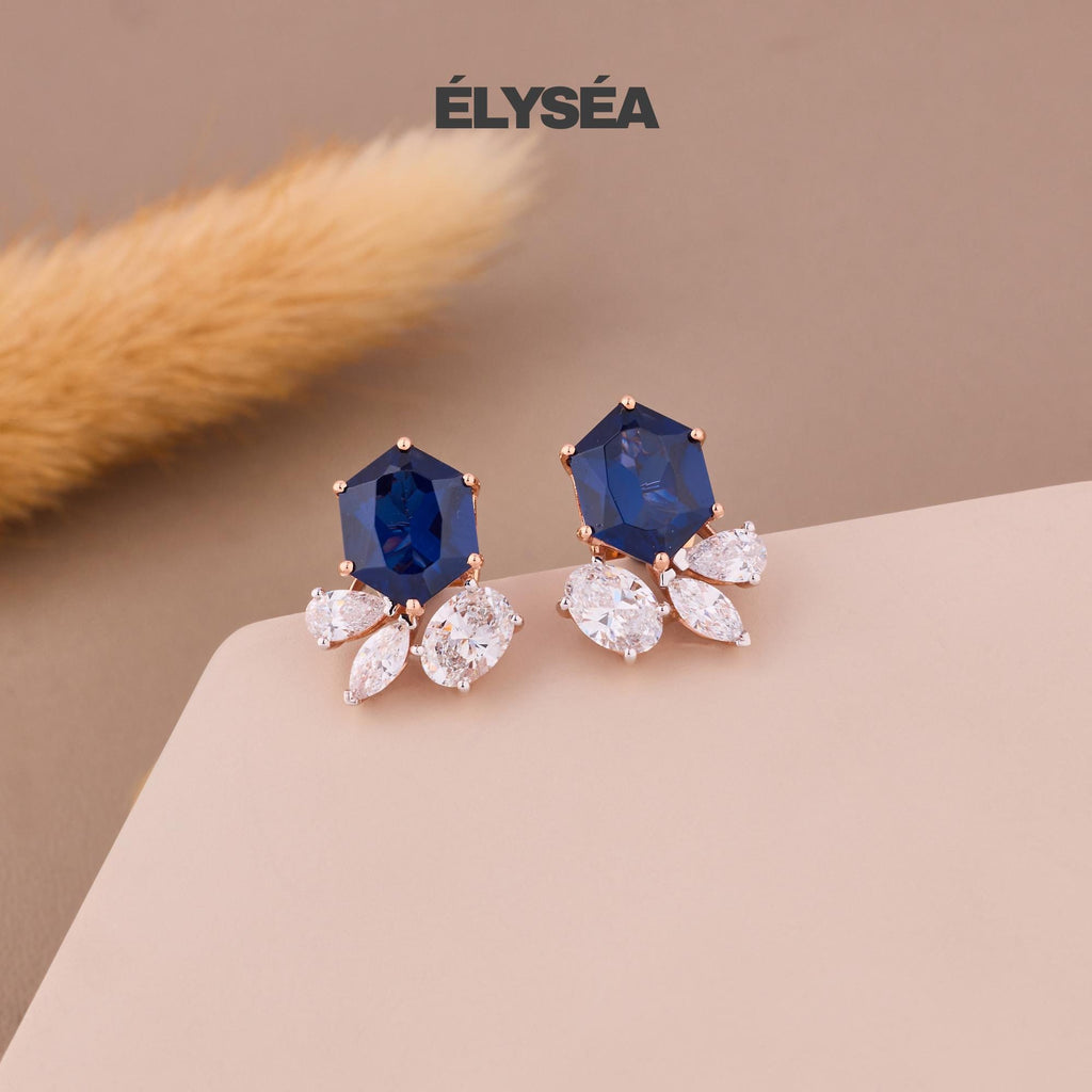 14K Gold Blue Sapphire Earrings, Sapphire Diamond Earrings, Lab Grown Diamond Sapphire Hexagon Stud Earrings, September Birthstone Earrings