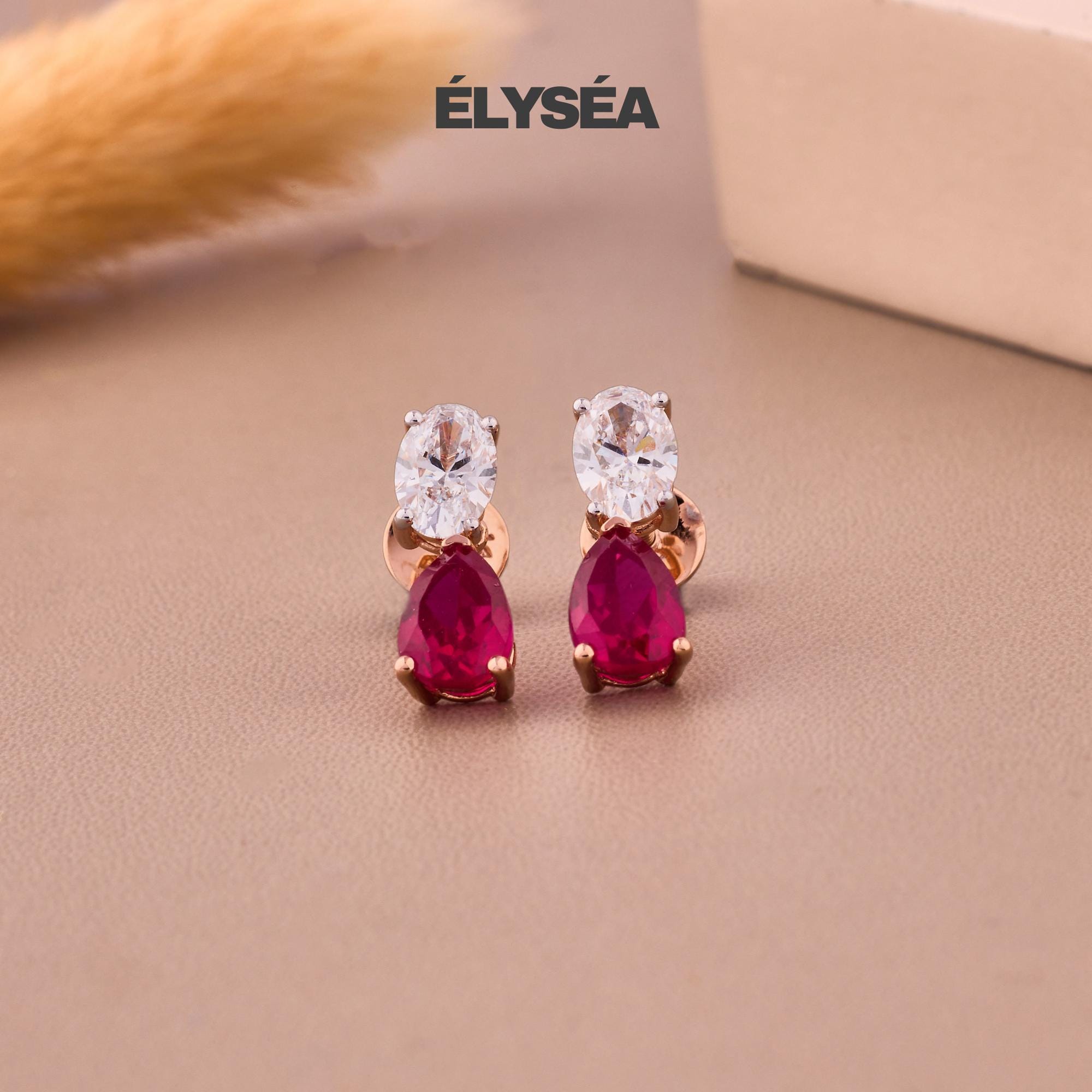 Diamond Ruby Teardrop Stud Earrings for Women | 14k Solid Gold Earring | 1.22 ctw Diamond | 2.37 ctw Gemstone | Gift for Her | Birthday Gift