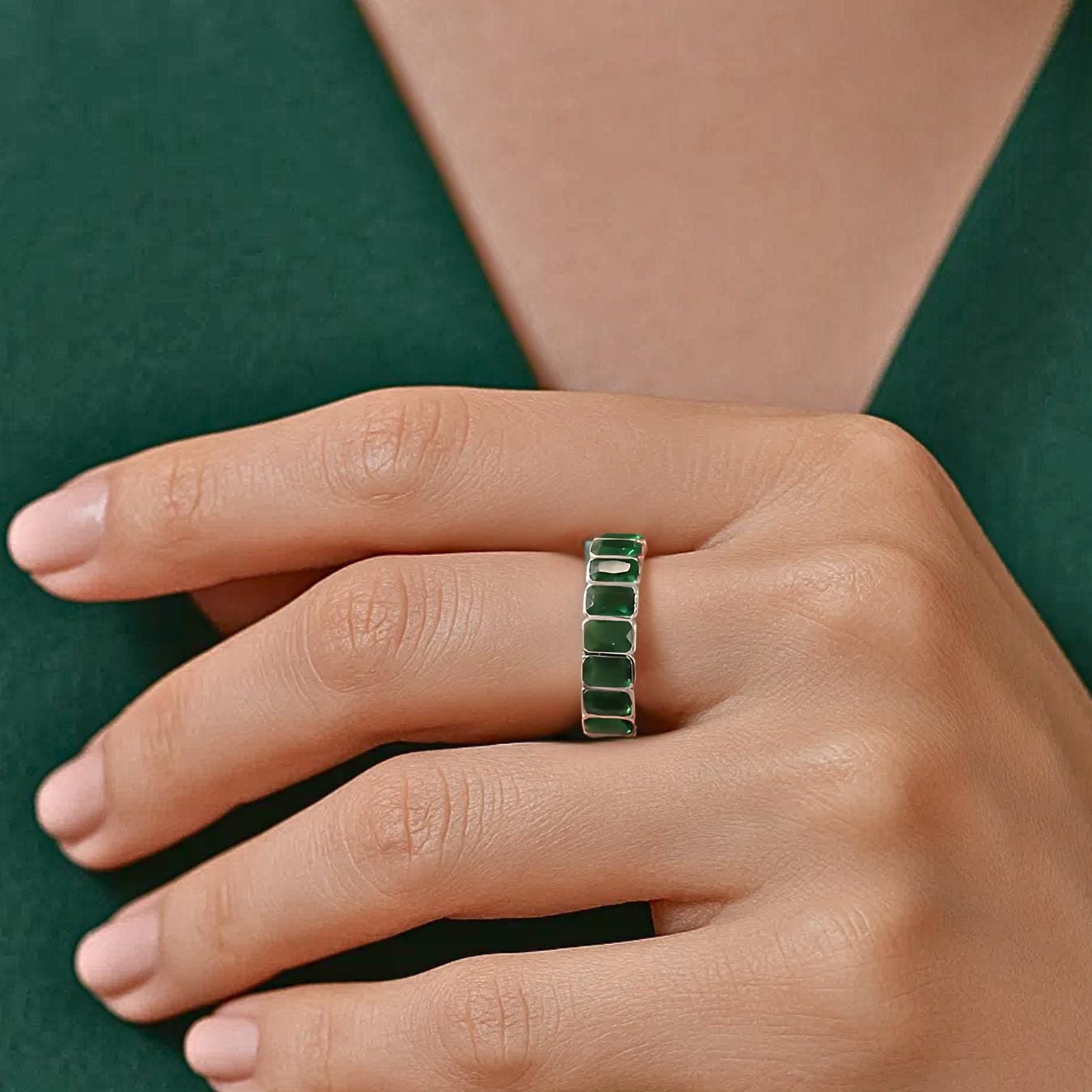 Full Eternity Wedding Band Solid 14K Gold Emerald Cut Gemstone Ring