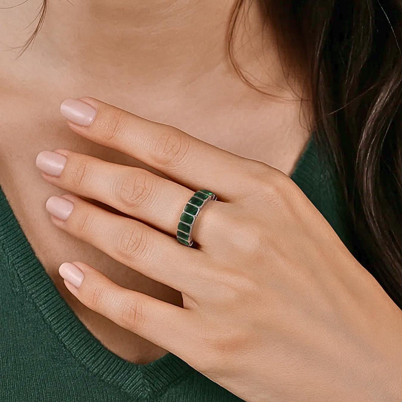 Full Eternity Wedding Band Solid 14K Gold Emerald Cut Gemstone Ring