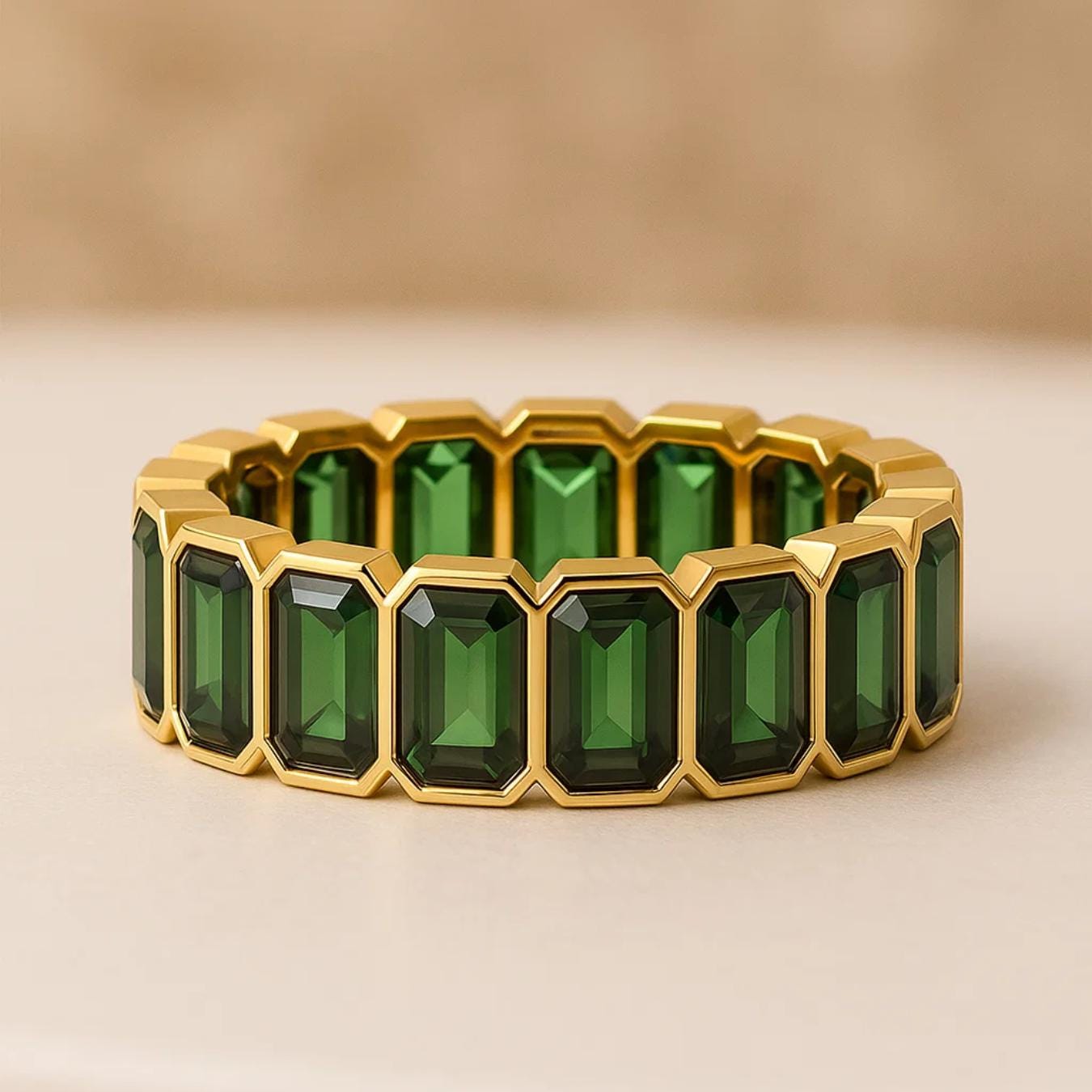 Full Eternity Wedding Band Solid 14K Gold Emerald Cut Gemstone Ring