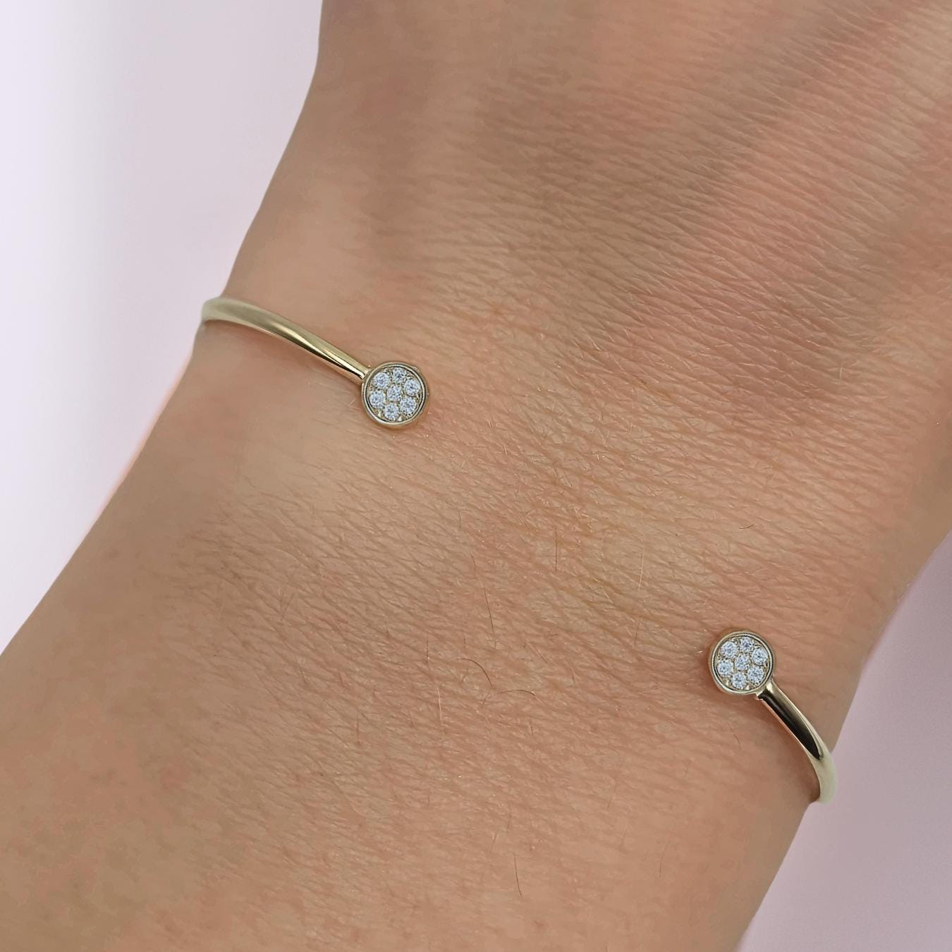 14K Gold Diamond Bangle, Genuine Lab grown Diamond Open Cuff Bracelet