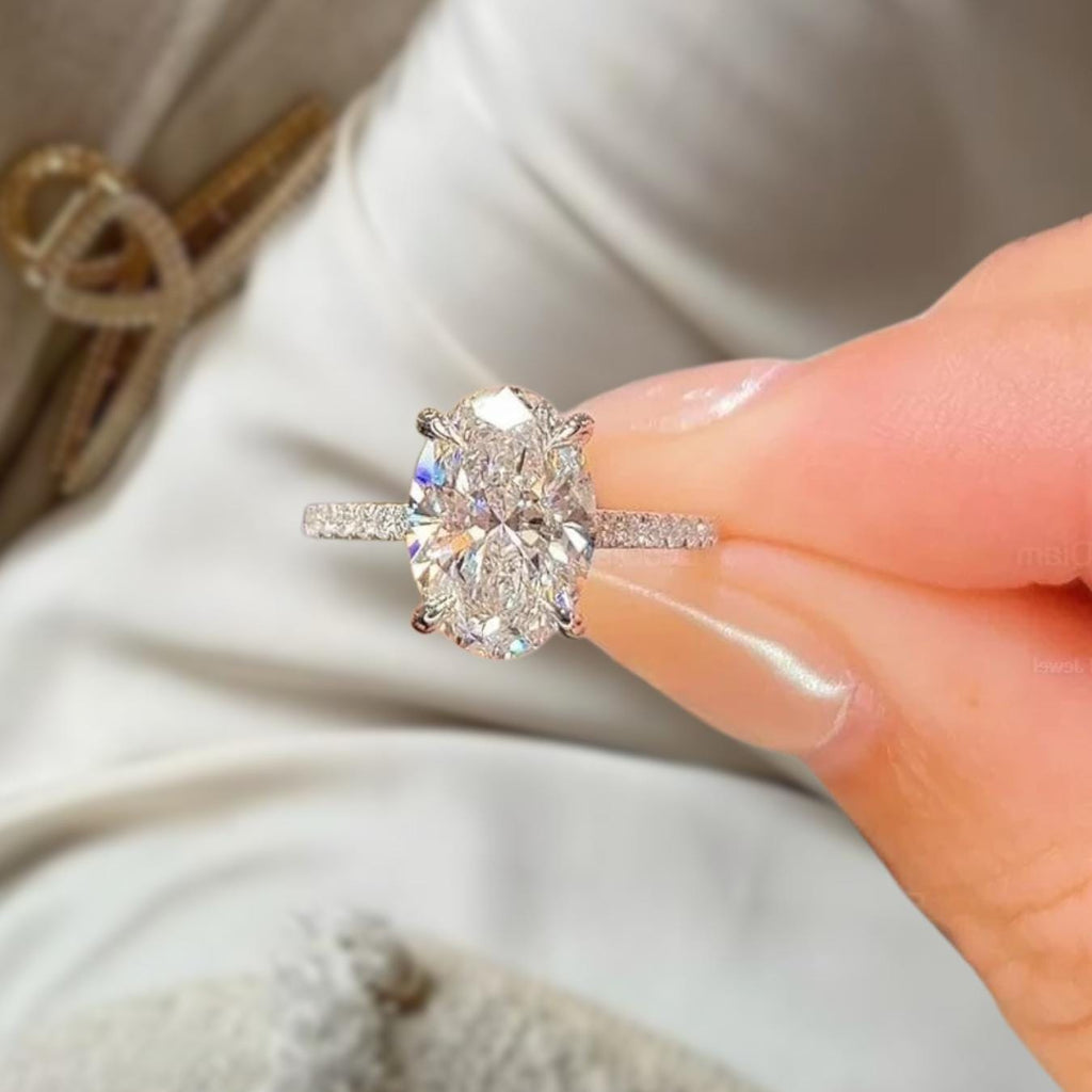 Oval Lab Grown Diamond Ring With Halo And Pave Eternity 14K Gold Engagement Ring For He
