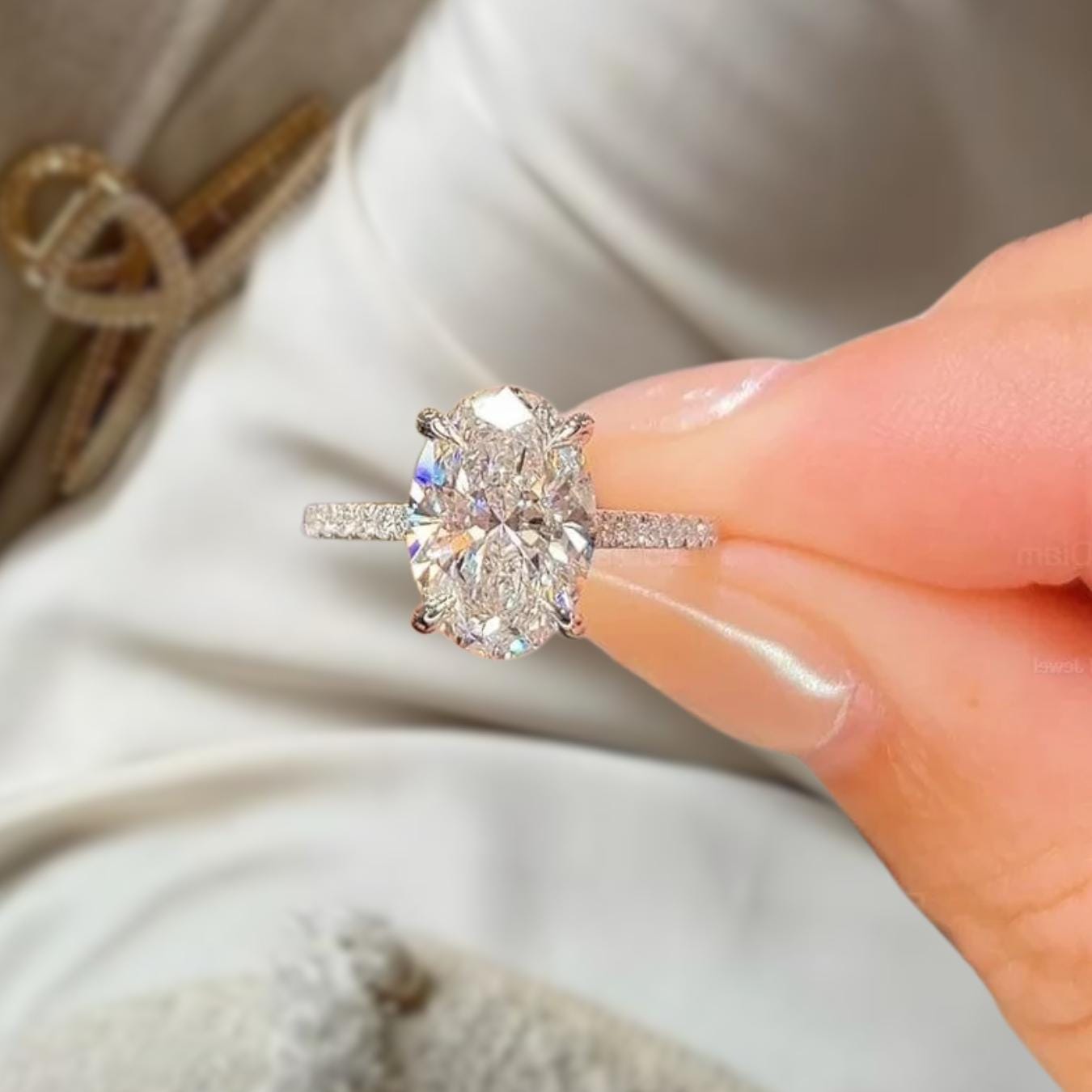 Oval Lab Grown Diamond Ring With Halo And Pave Eternity 14K Gold Engagement Ring For He
