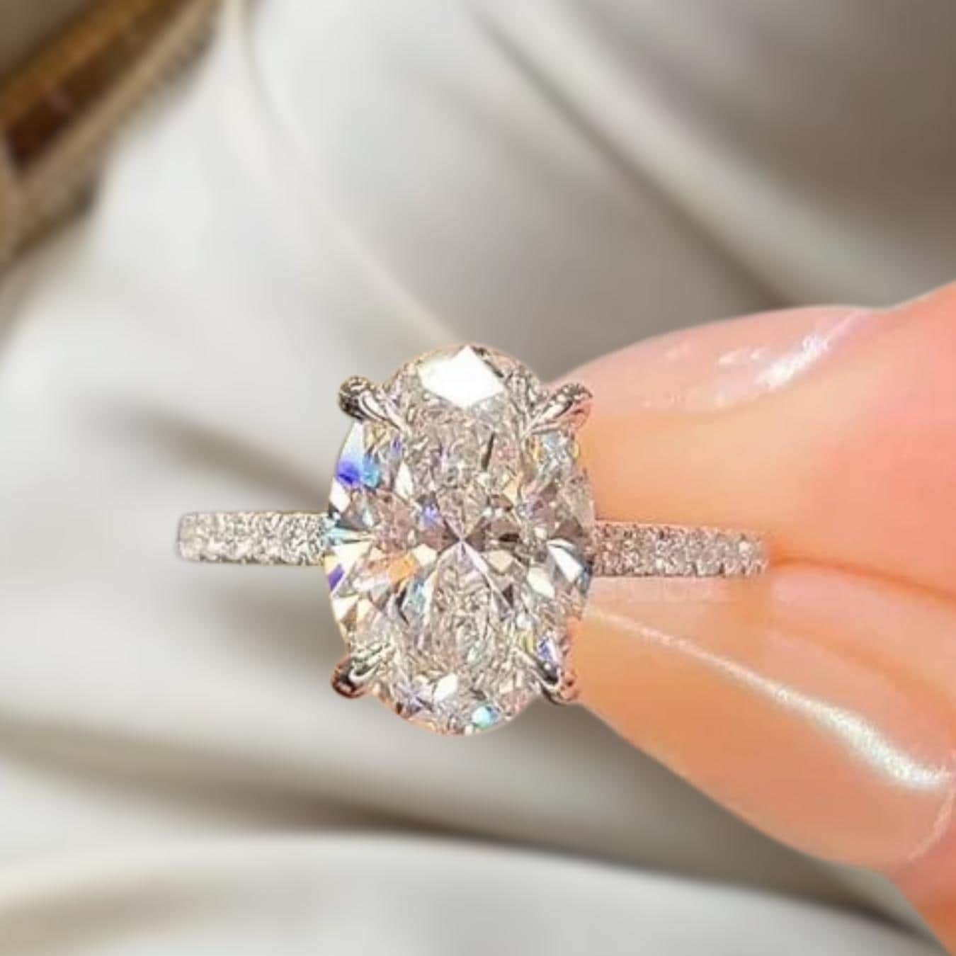 Oval Lab Grown Diamond Ring With Halo And Pave Eternity 14K Gold Engagement Ring For He