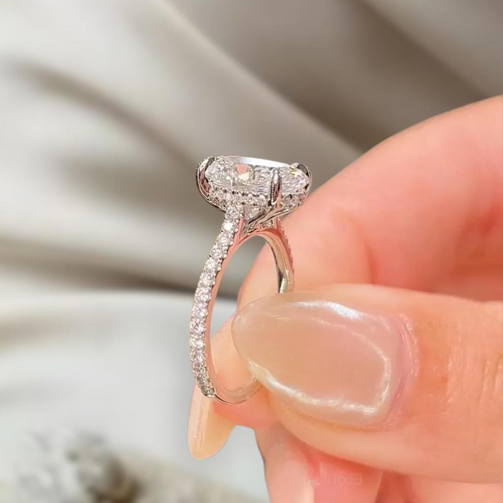 Oval Lab Grown Diamond Ring With Halo And Pave Eternity 14K Gold Engagement Ring For He