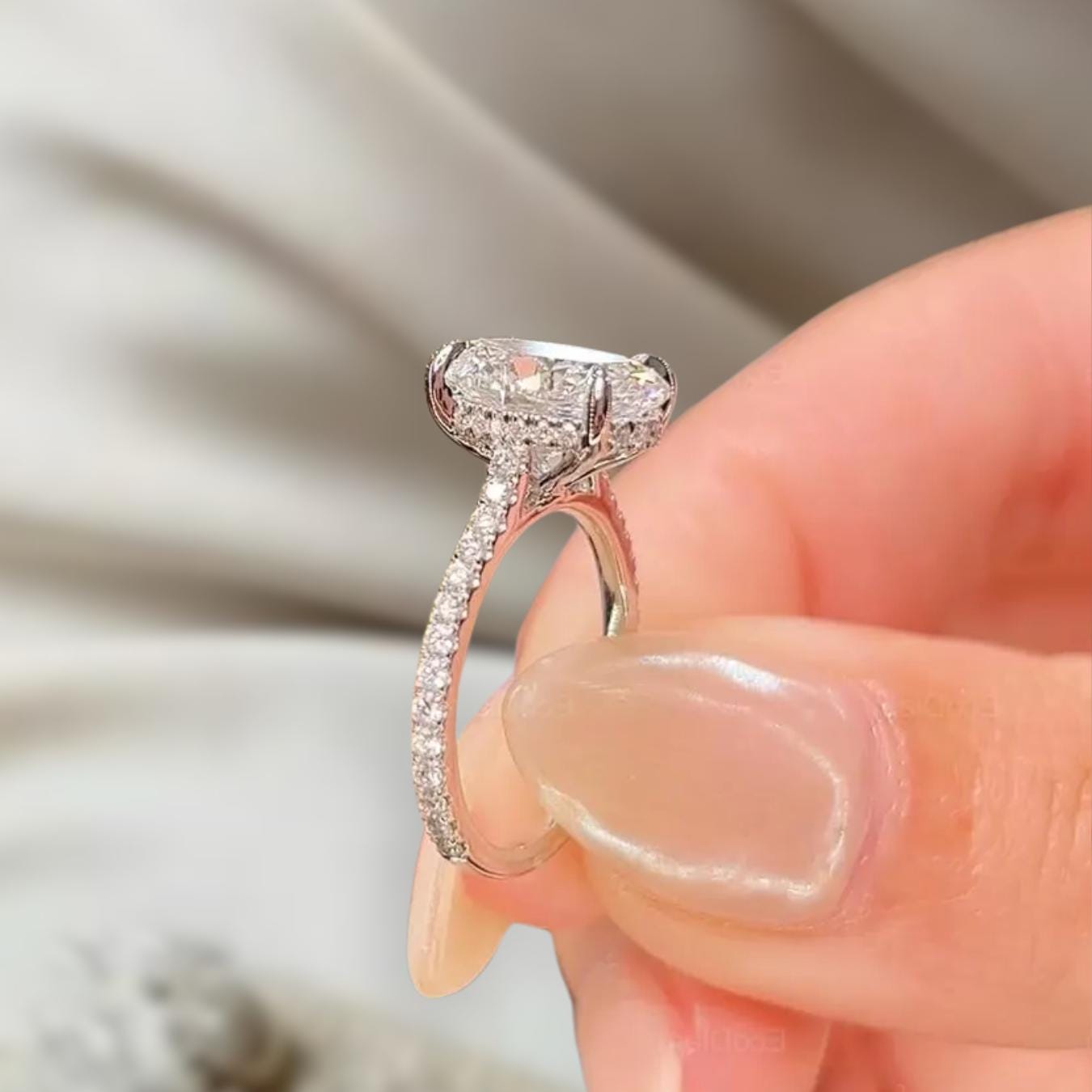 Oval Lab Grown Diamond Ring With Halo And Pave Eternity 14K Gold Engagement Ring For He