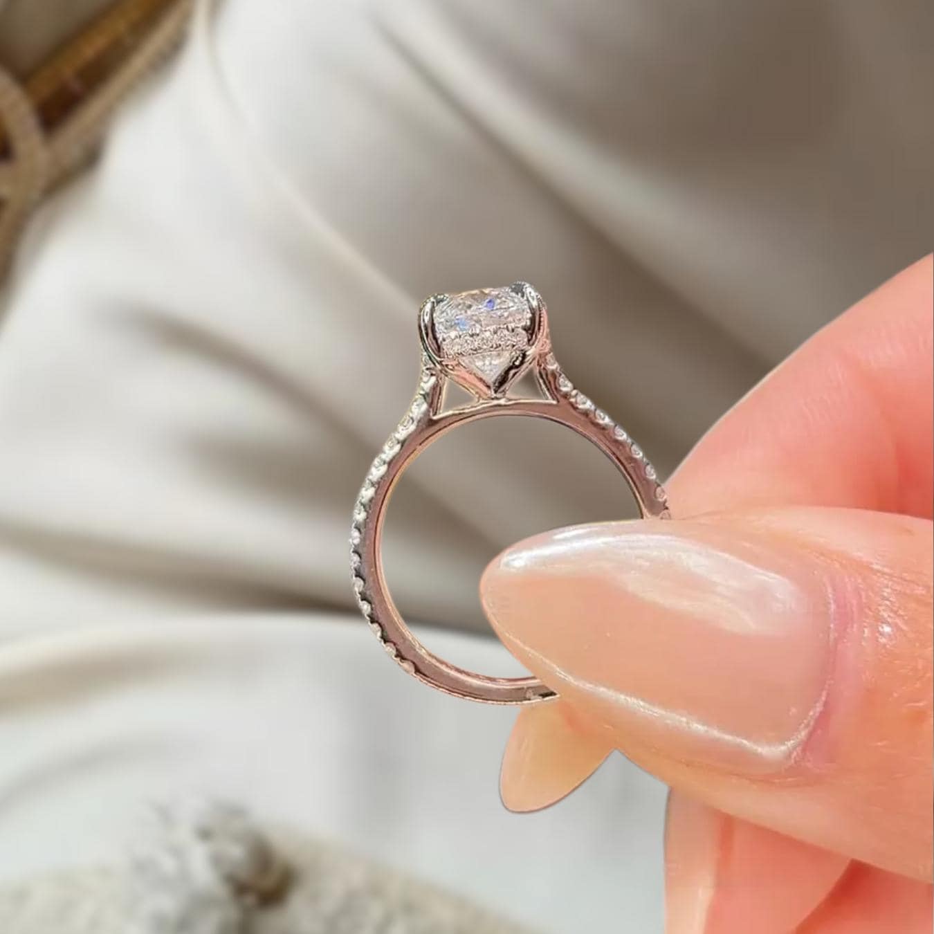Oval Lab Grown Diamond Ring With Halo And Pave Eternity 14K Gold Engagement Ring For He