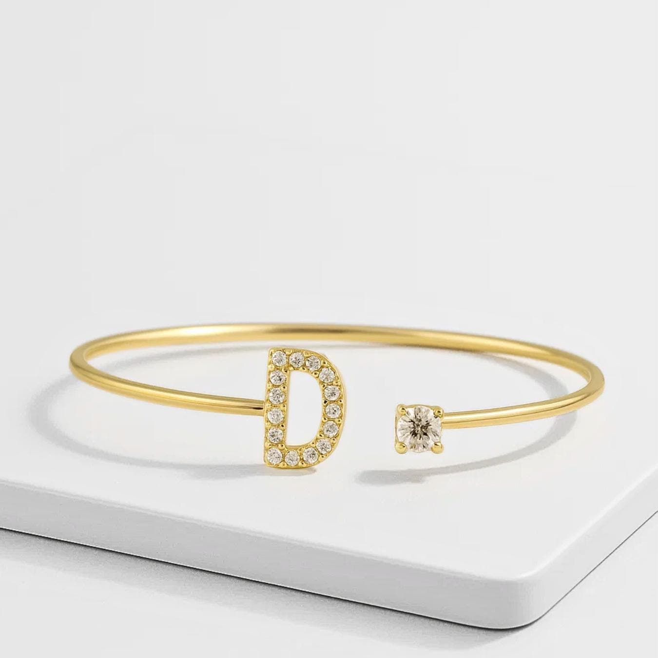 14Kt Gold Initial Open Cuff Diamond Letter Bracelet Bangle