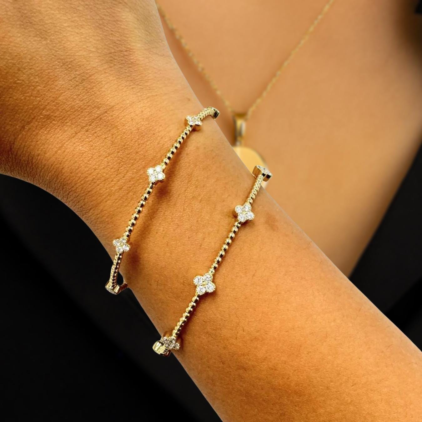 1TCW Lab Grown Diamond Bracelet, Beaded Flexible Bangle, Flower Cluster, 14k Solid Yellow White Rose Gold, Flexible Diamond Bangle