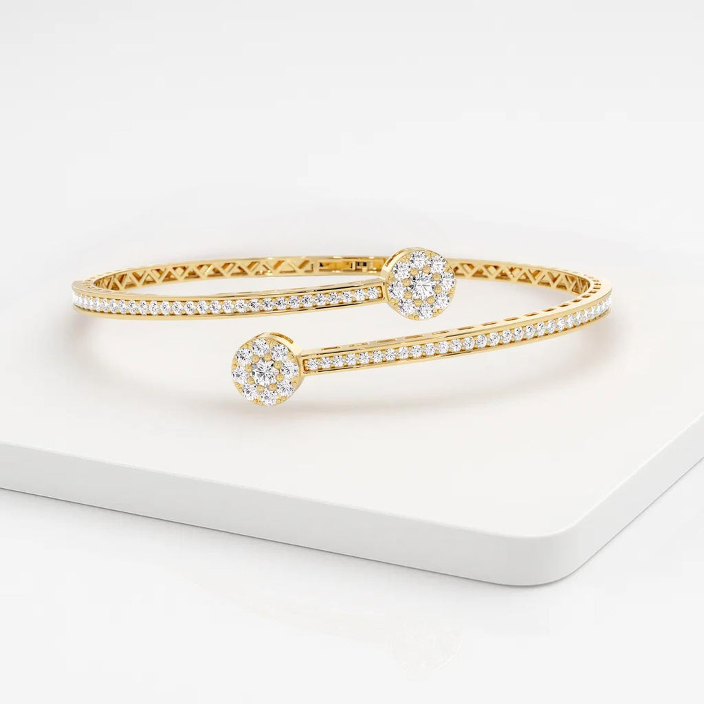 Diamond Open Cuff Bangle, 14K Gold Cluster Lab Grown Diamond Bracelet, Statement Bangle