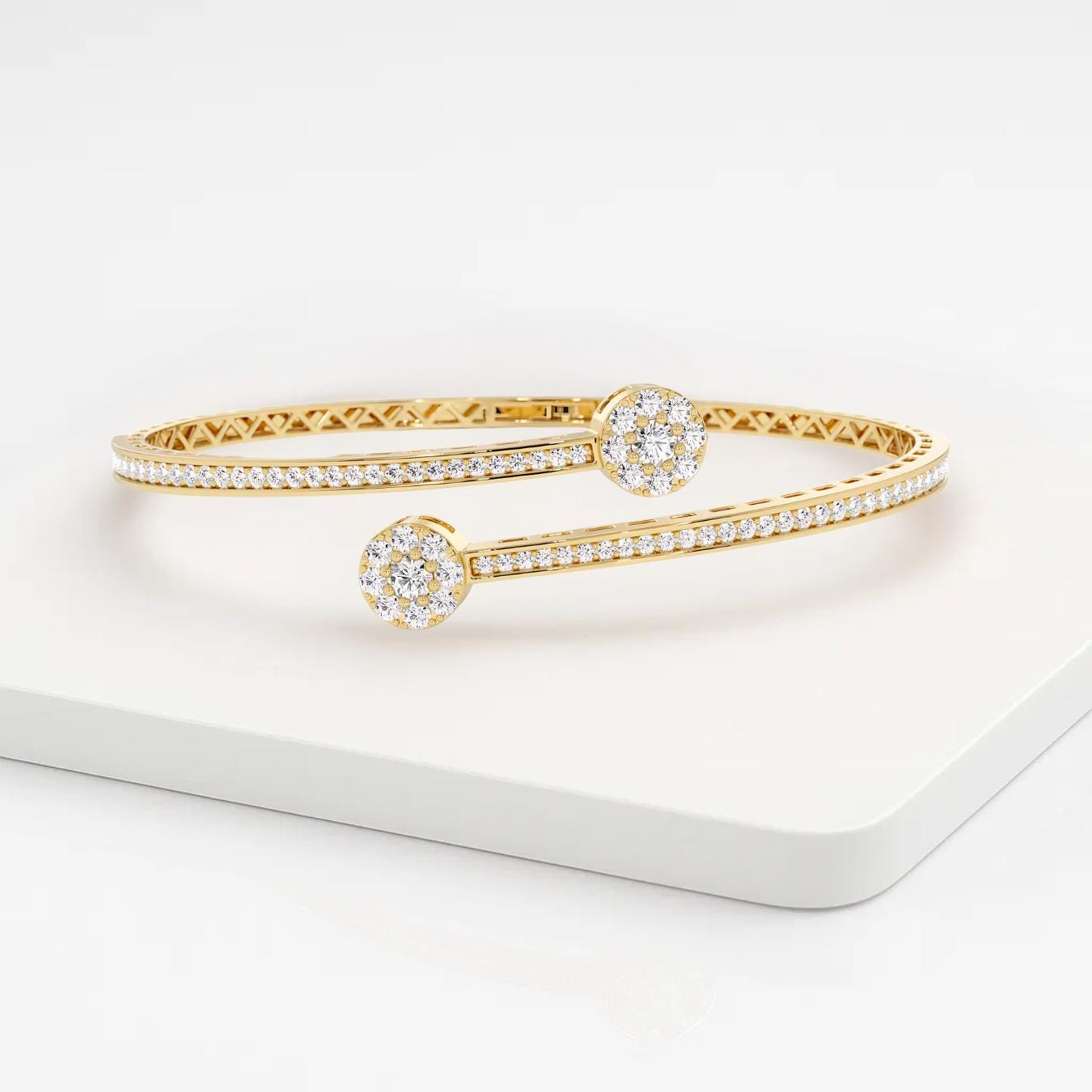 Diamond Open Cuff Bangle, 14K Gold Cluster Lab Grown Diamond Bracelet, Statement Bangle