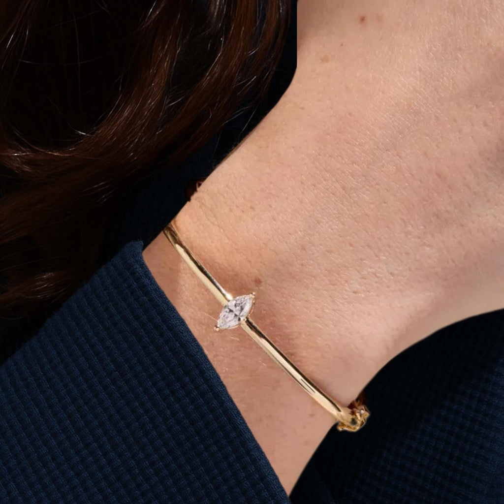 0.70 Carat Marquise Lab Grown Diamond Center Stone 14K Gold Bangle / Minimalist Diamond Bracelet